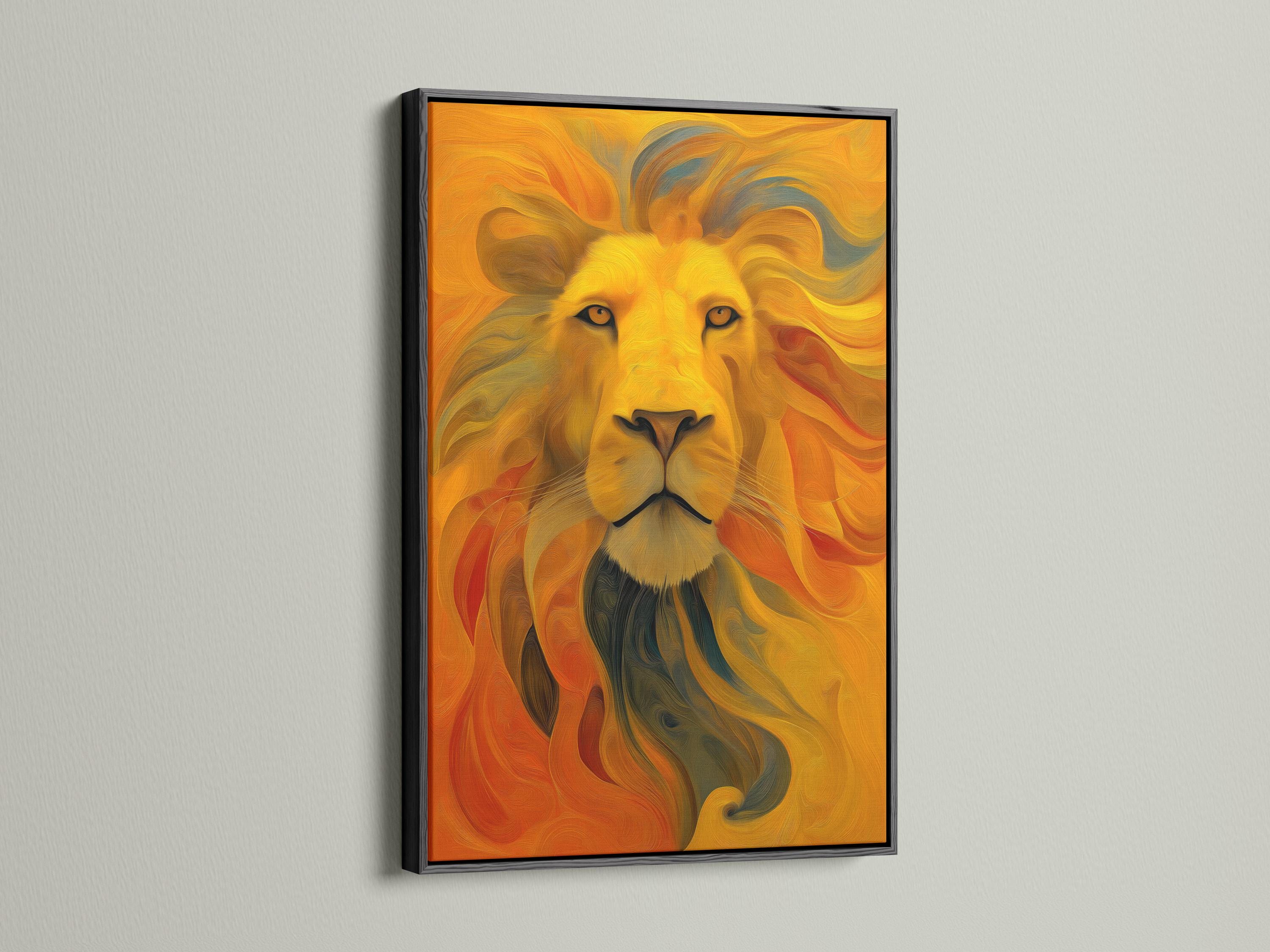 Stylised lion portrait with warm gold and orange swirls, teal tones, and dark eyes detail view