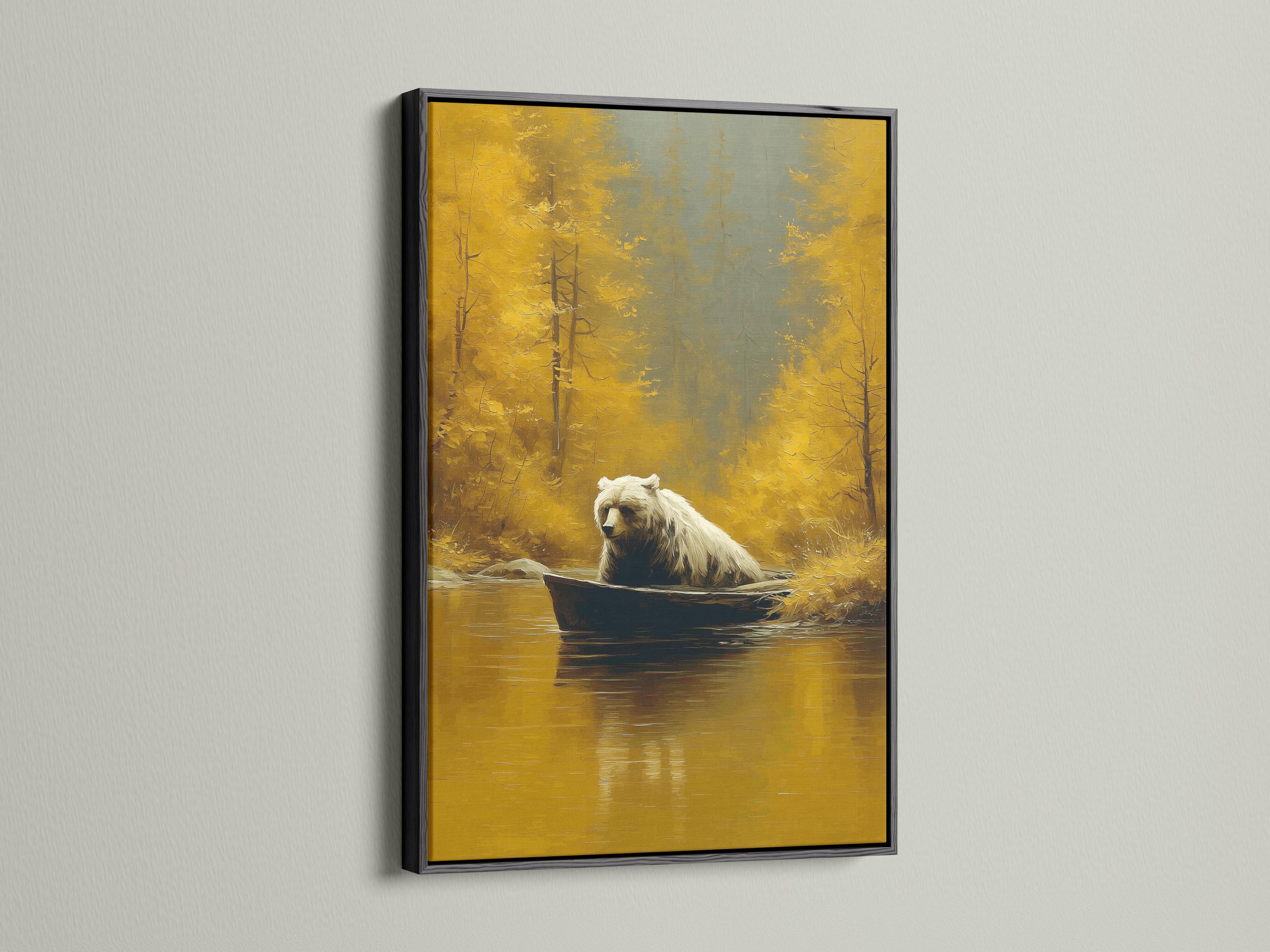 Wall mockup showing a framed bear-in-boat artwork against a light background