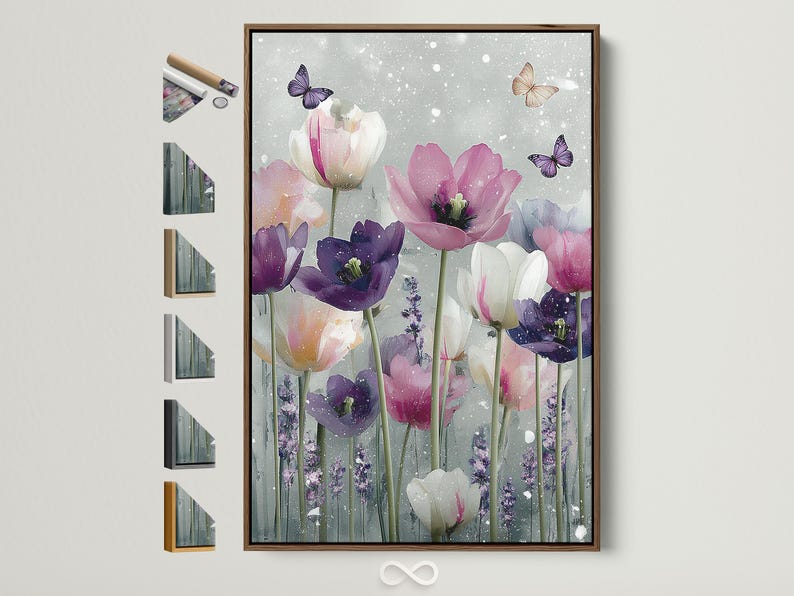 Tulip bouquet with butterflies in blush pink and purple on a pale speckled background