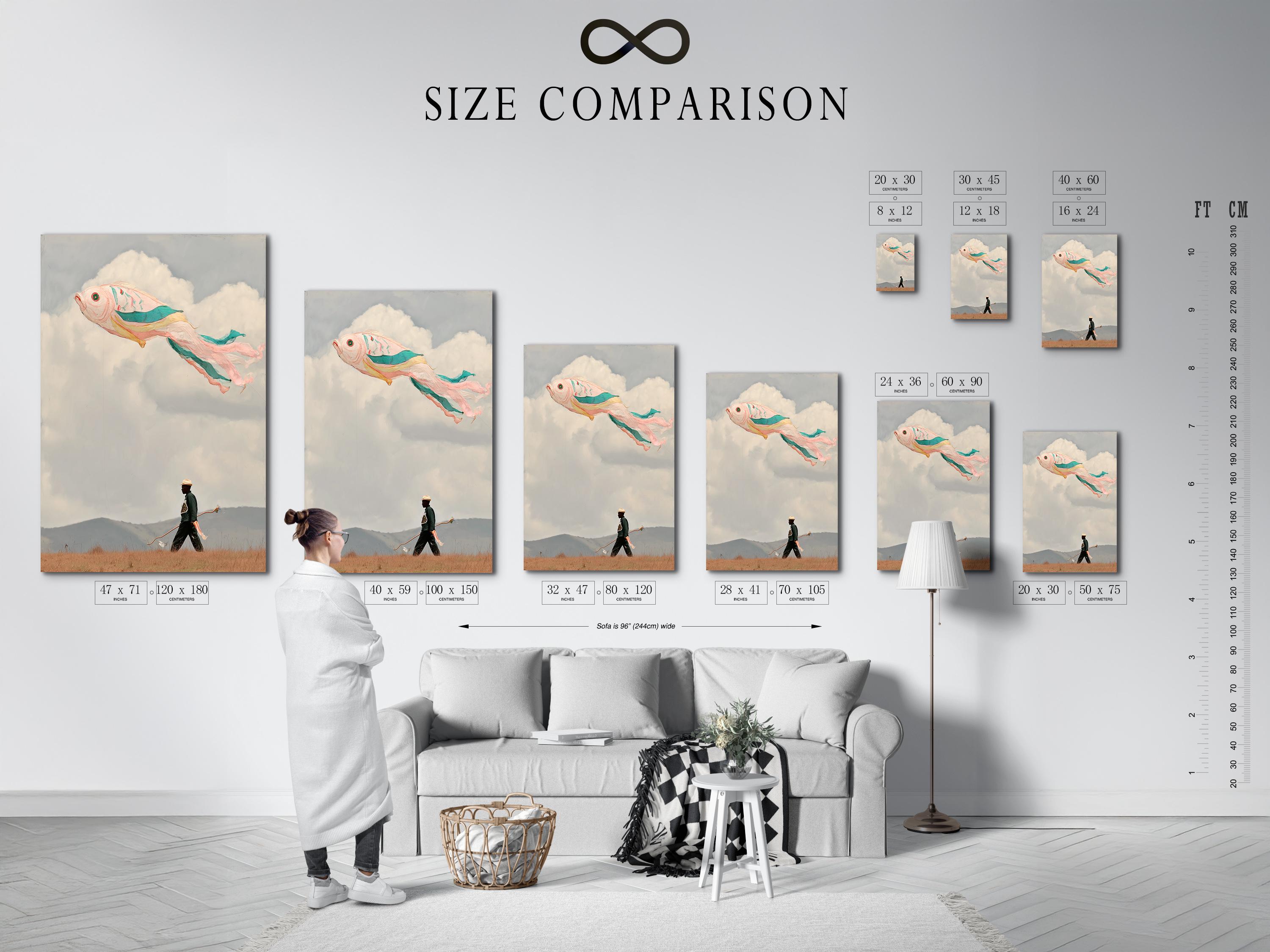 Mockup of a framed artwork showing a surreal flying fish in the sky
