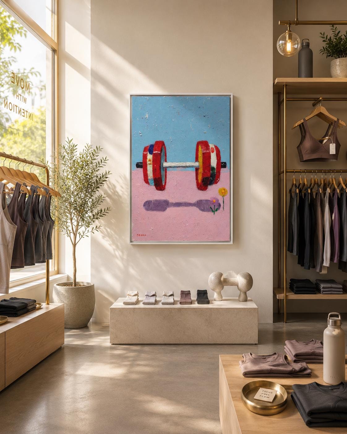 A framed abstract painting shows a brightly coloured weight barbell on a blue-and-pink background with small scattered speckles and a minimal flower