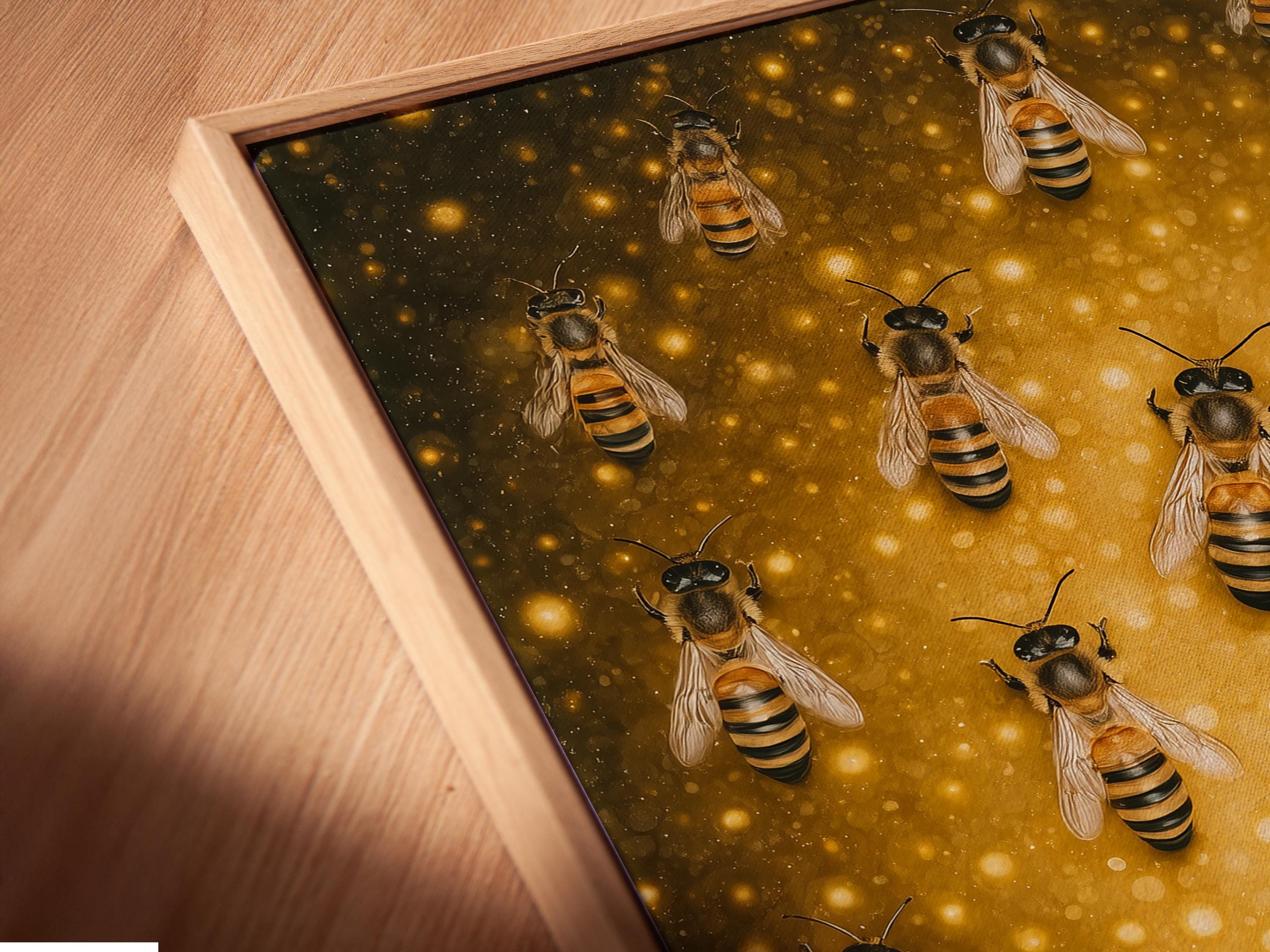 Illustrated bees with black and yellow stripes on a warm golden honeycomb-like background detail view