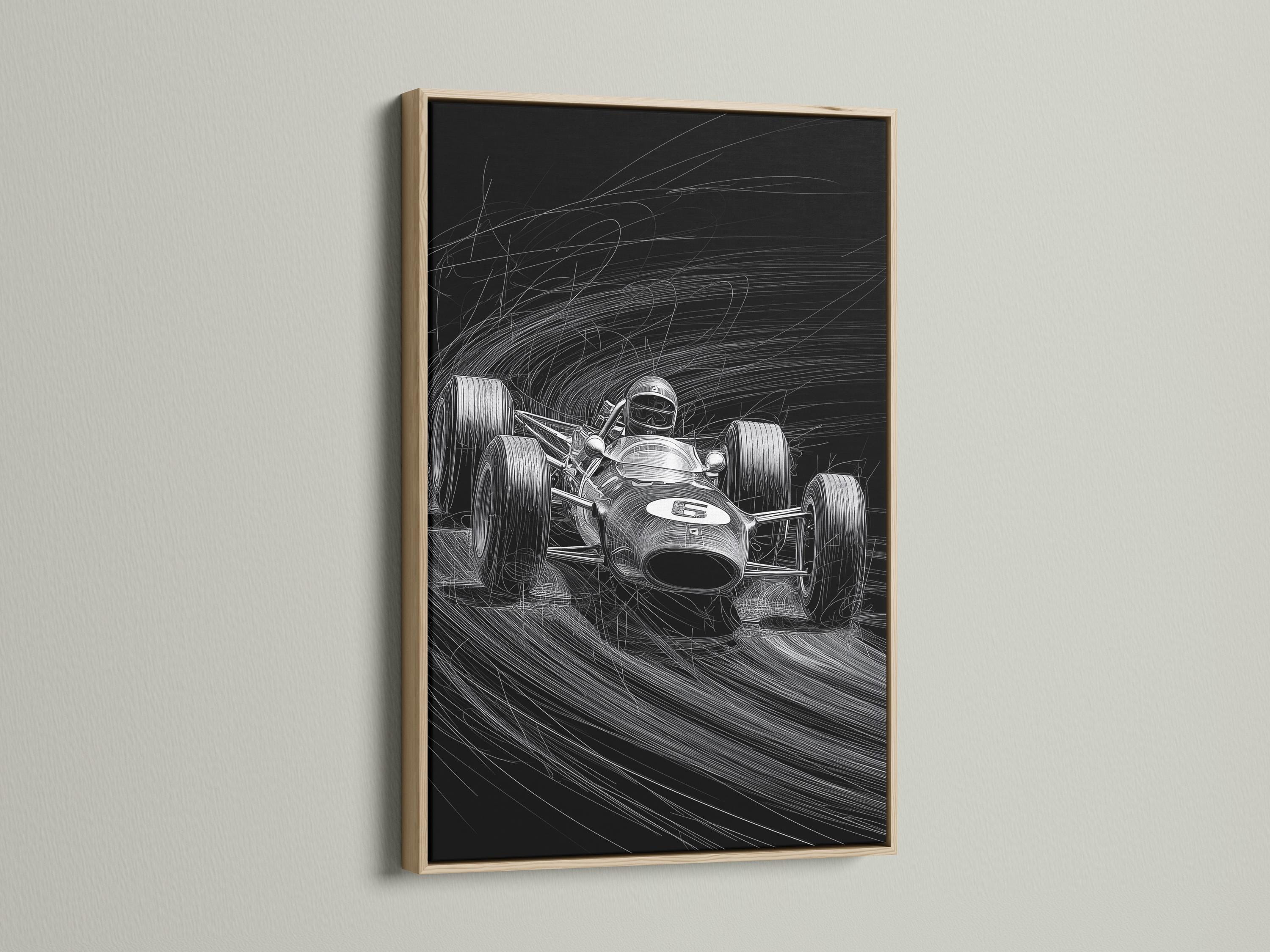 Black and white race car sketch with a helmeted driver and motion speed lines detail view