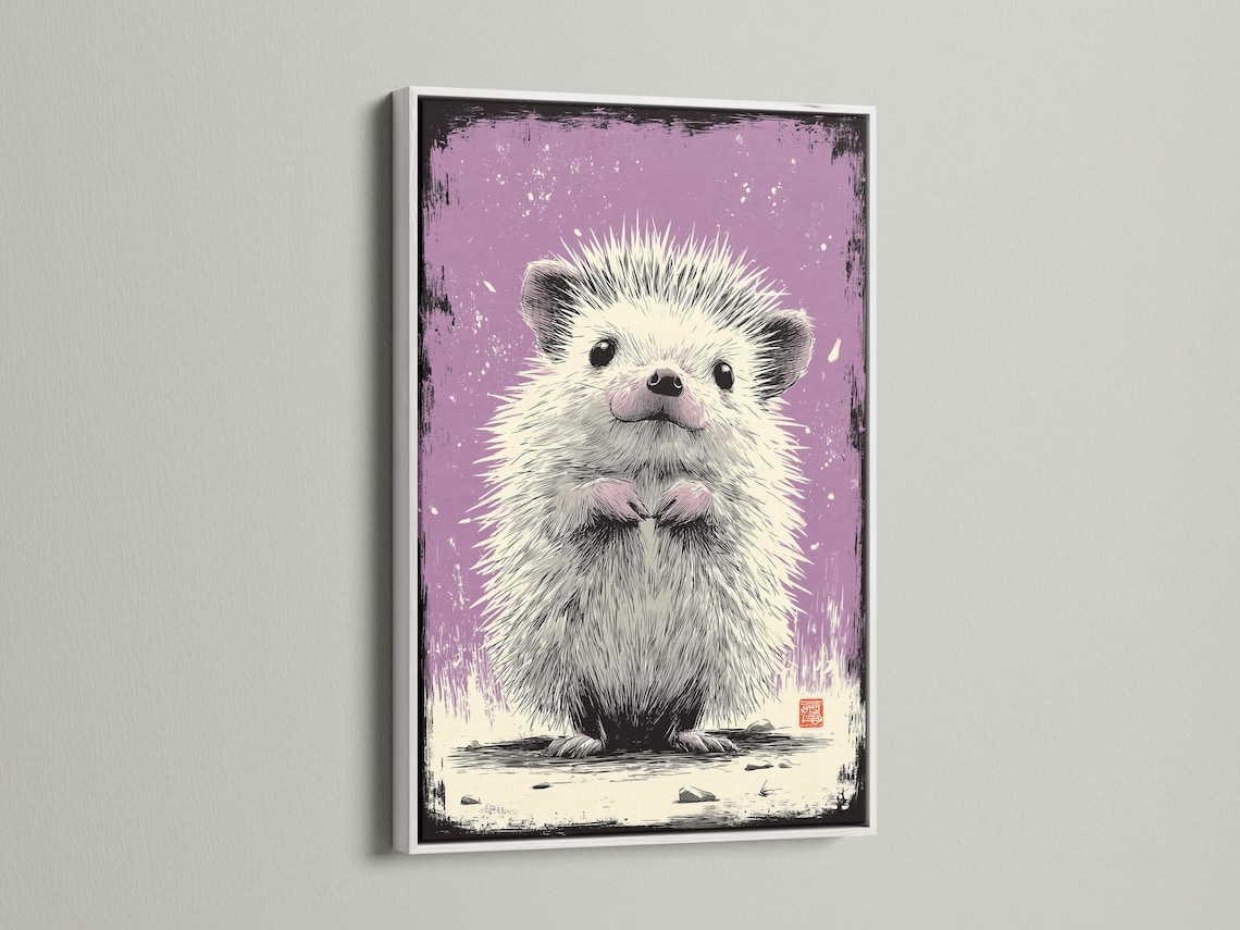 Hedgehog artwork shown in a framed wall mockup on a light background