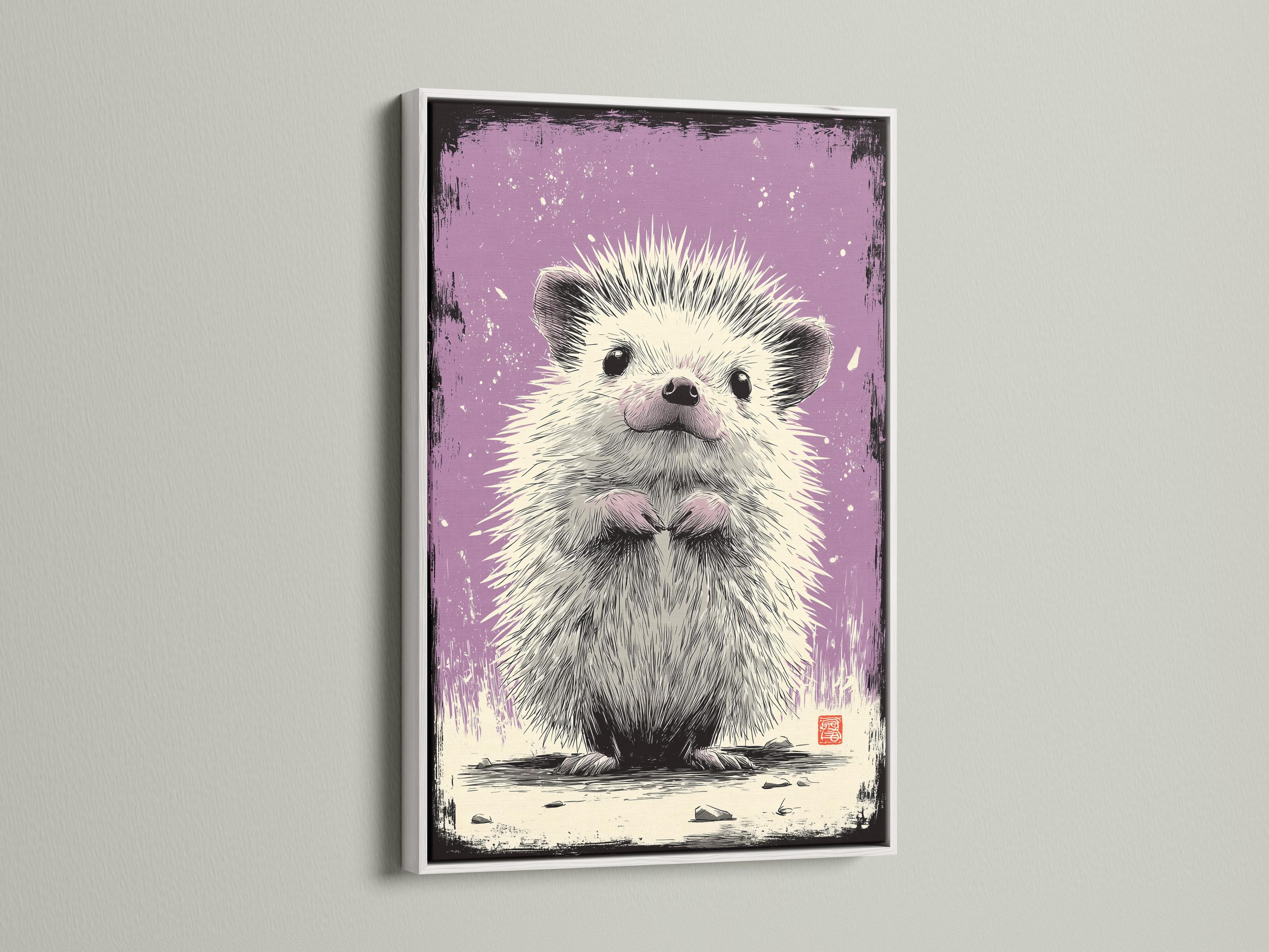 Hedgehog artwork shown in a framed wall mockup on a light background