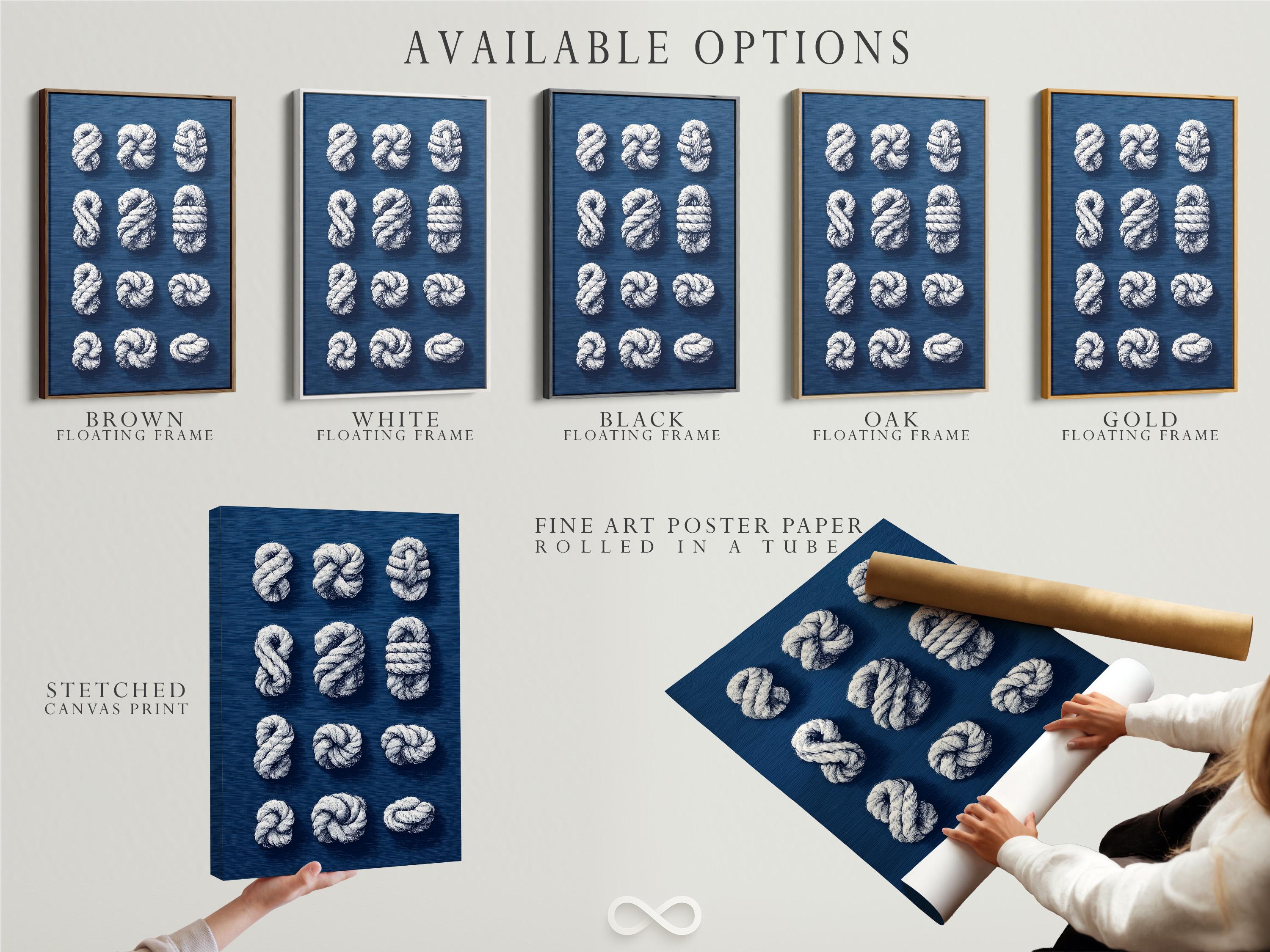 Nine white rope knots arranged on a navy blue background detail view