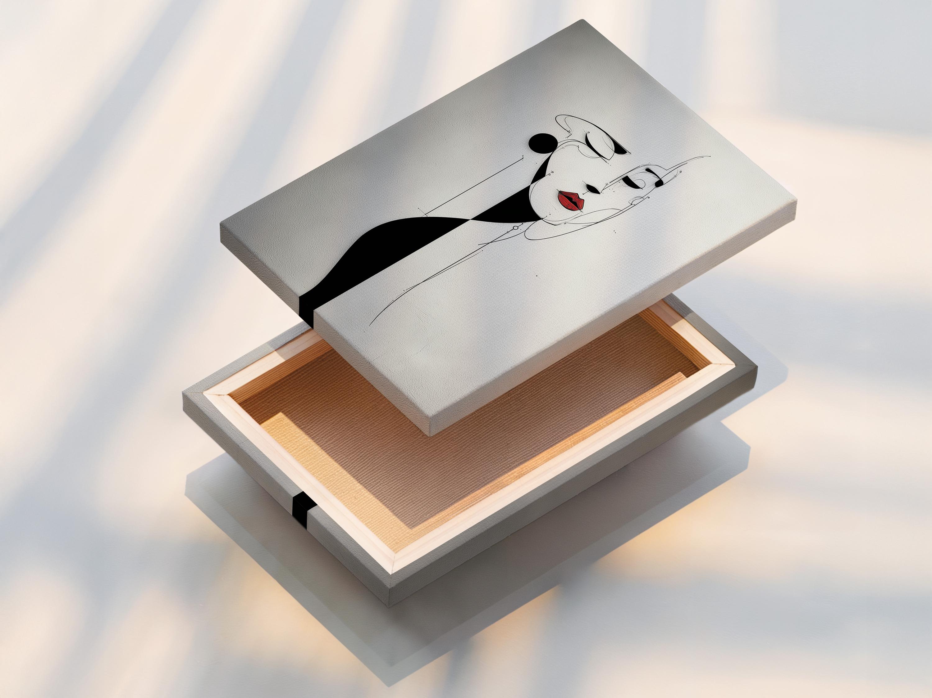 Minimalist black and white line-art woman face with red lips accent detail view