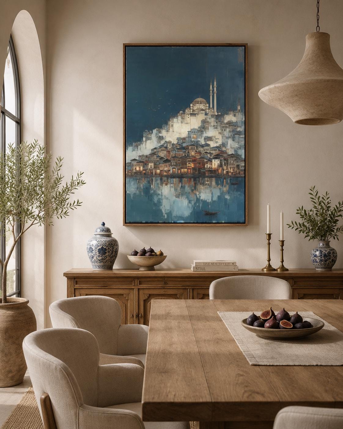 Room mockup with a framed blue cityscape mosque artwork on a wall