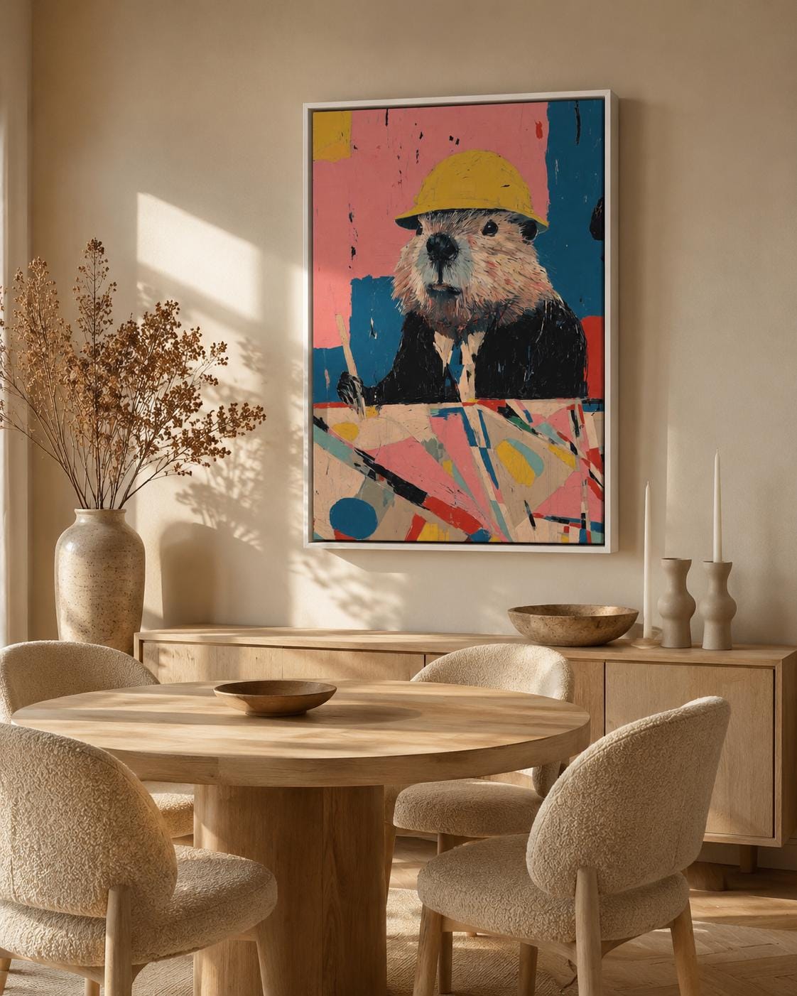 A person near a table installing a framed artwork featuring a beaver with a yellow hard hat