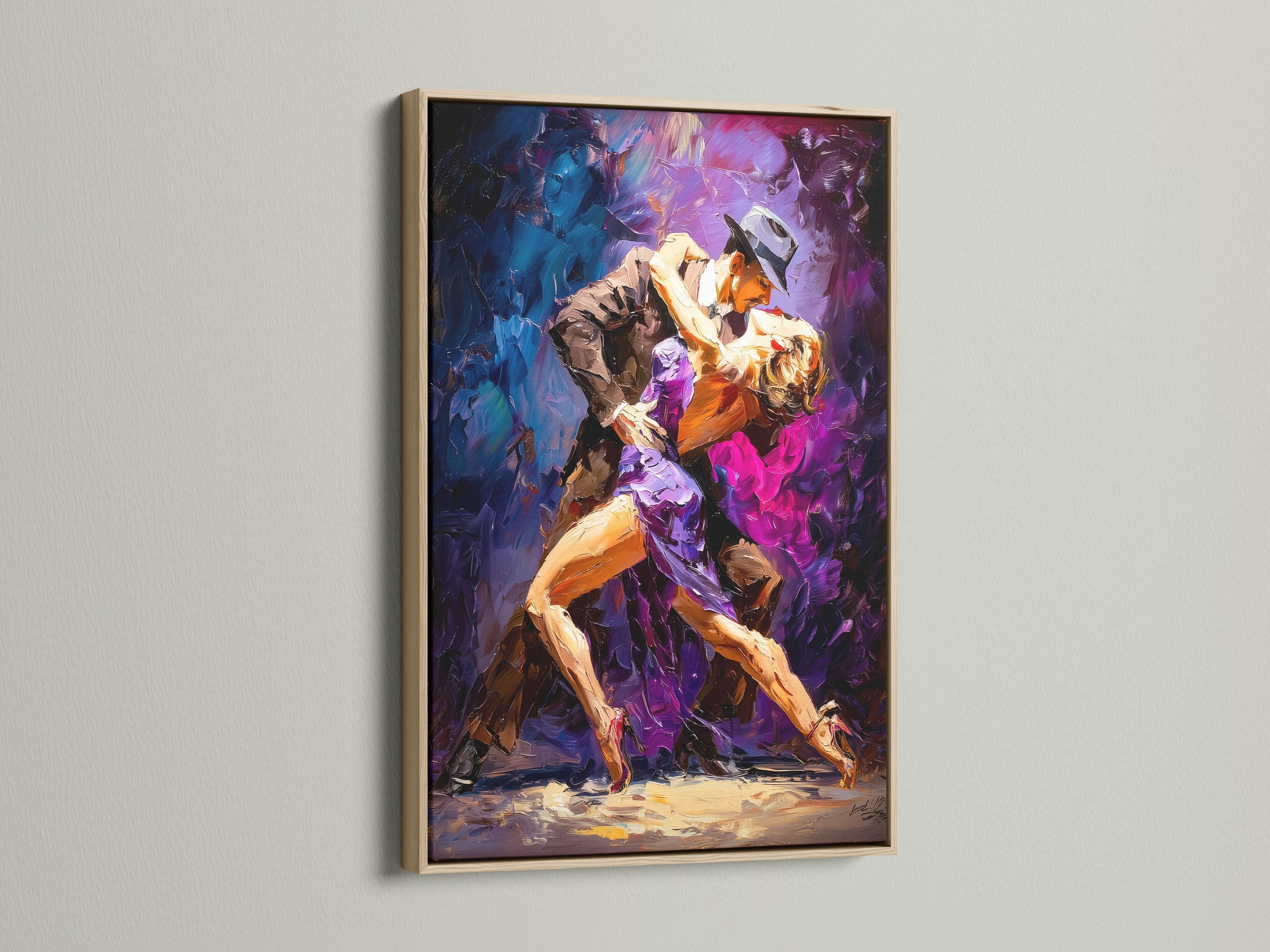 Framed tango dance artwork showing two dancing figures in purple, blue and gold tones detail view