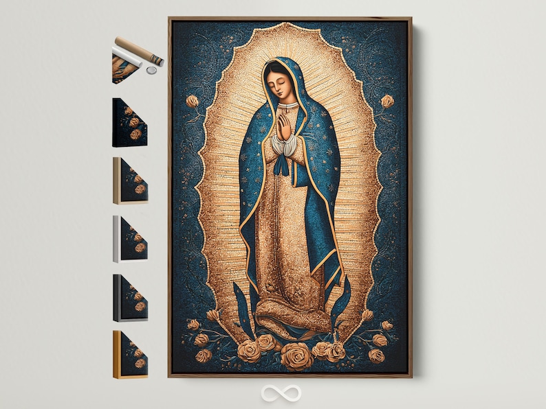 Hooded praying female figure with gold halo rays and roses on a blue textured background