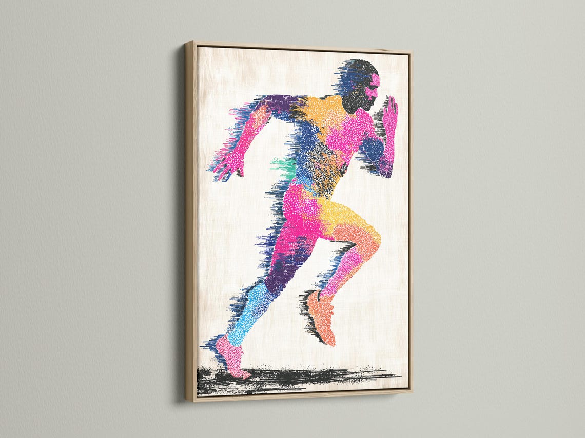 Abstract running man artwork with multicolour speckled figure and black accents detail view