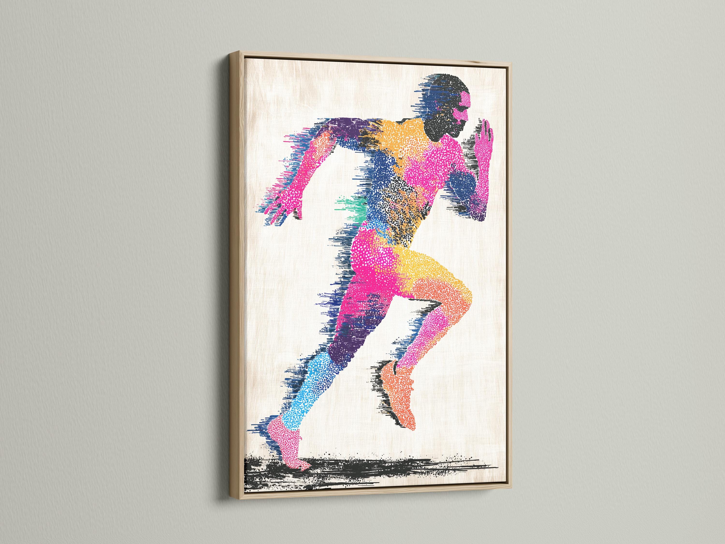 Abstract running man artwork with multicolour speckled figure and black accents detail view