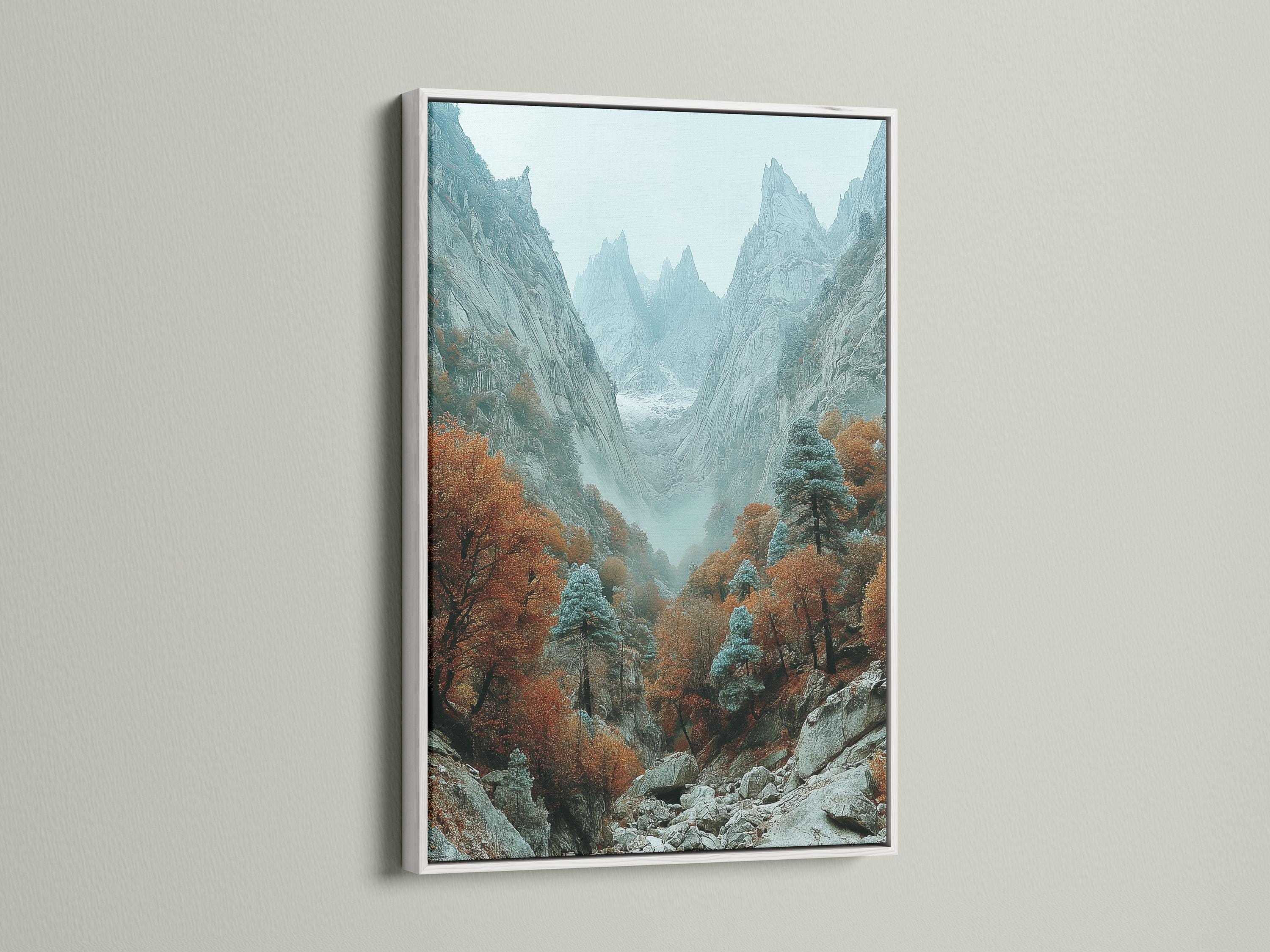 Misty mountain valley with rocky cliffs, autumn trees, and teal-grey peaks detail view