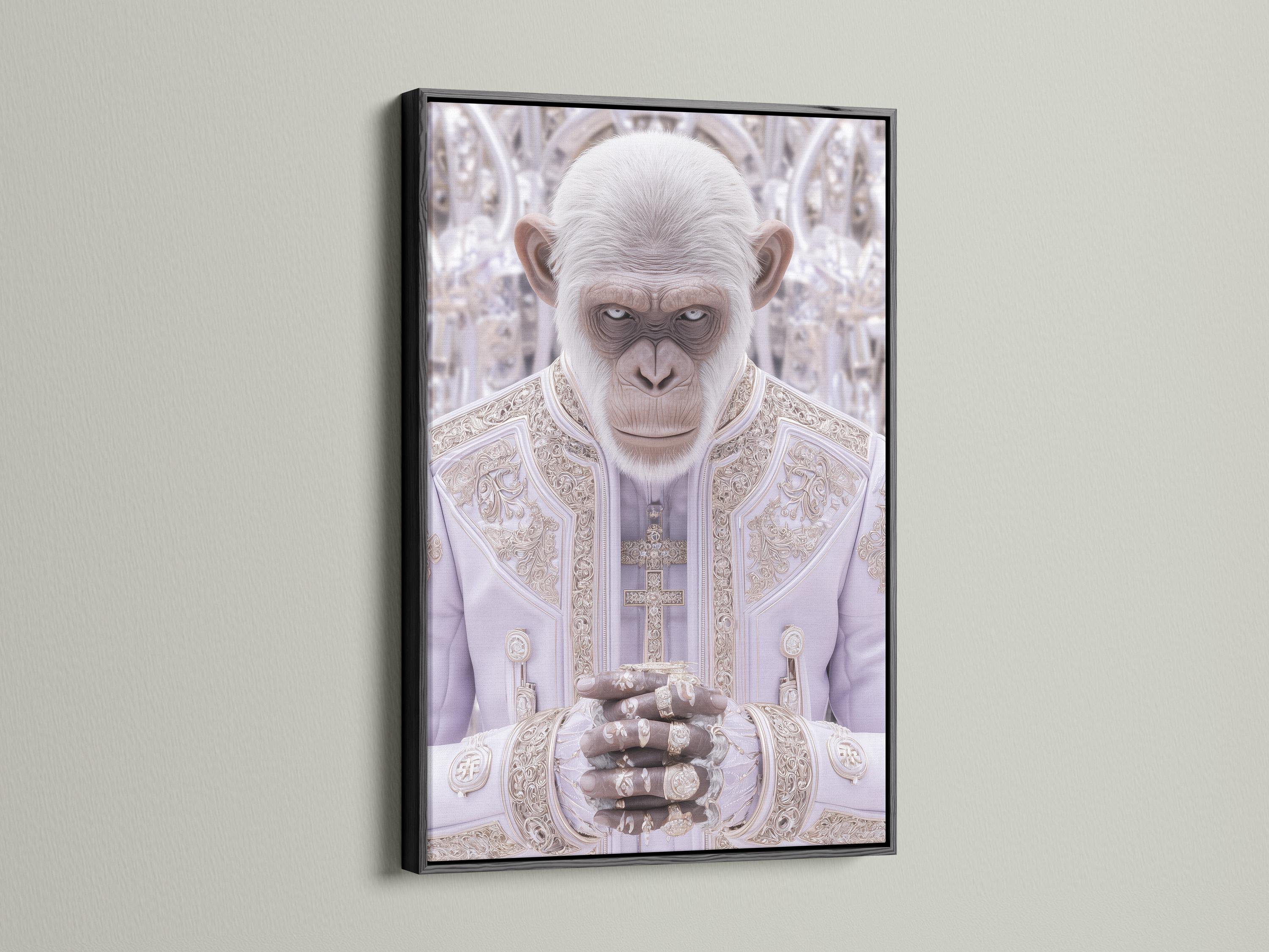 Surreal white monkey-like figure in ornate pale robes with cross motif in a soft lilac background detail view