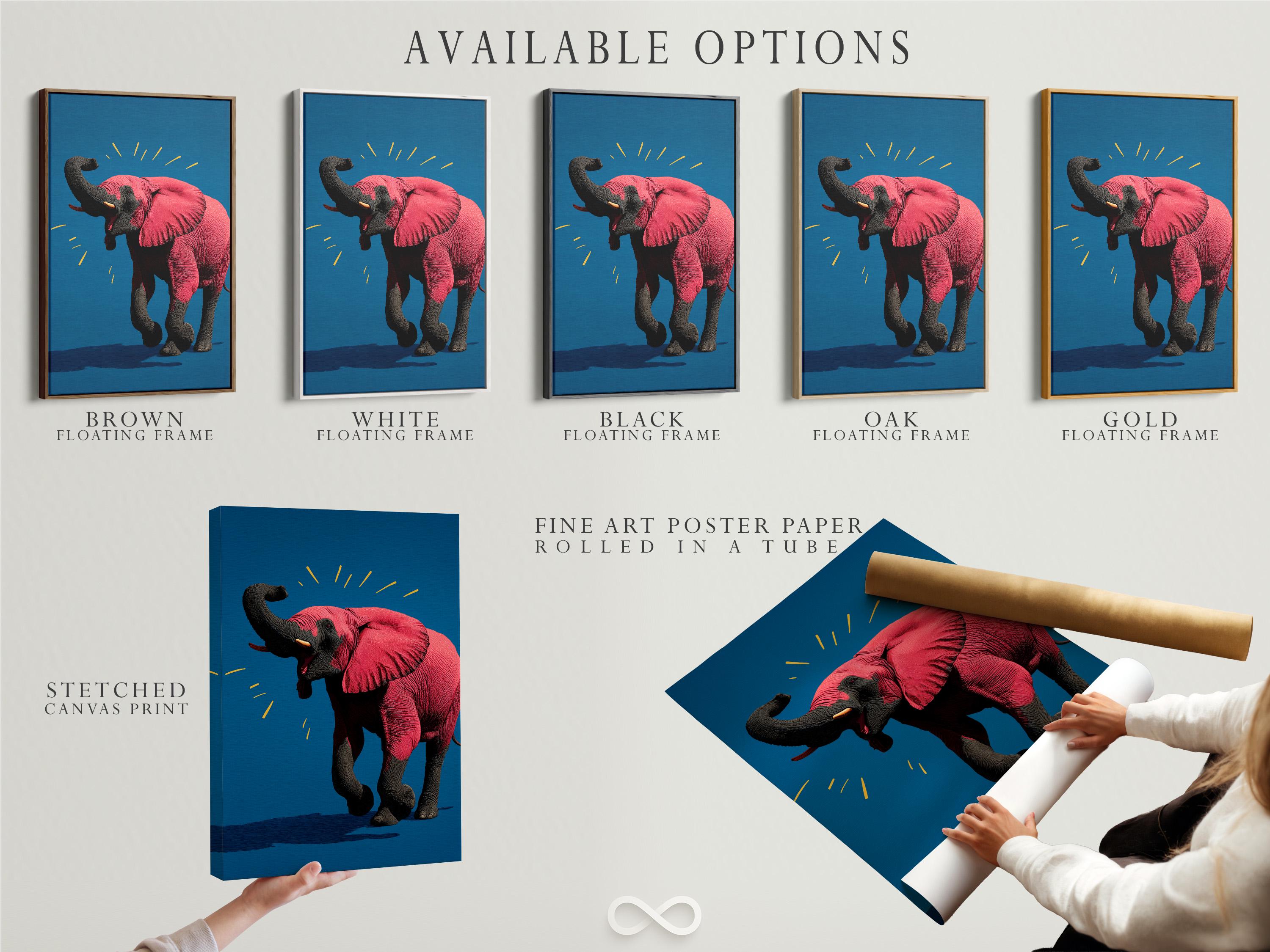 Elephant artwork in a framed mockup on a light background