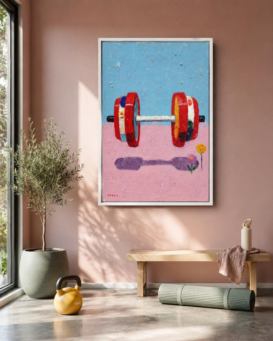 A framed abstract painting shows a brightly coloured weight barbell on a blue-and-pink background with small scattered speckles and a minimal flower