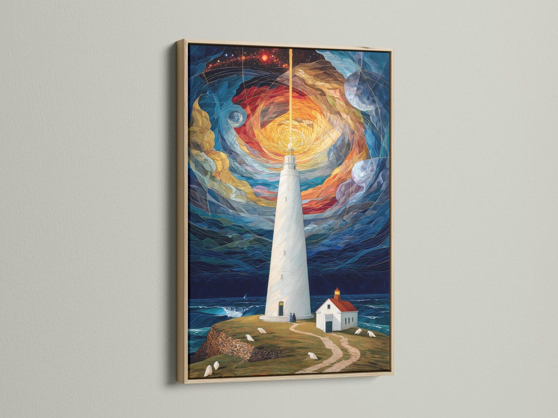 Lighthouse on a coastal shore under a swirling starry sky with glowing warm light detail view