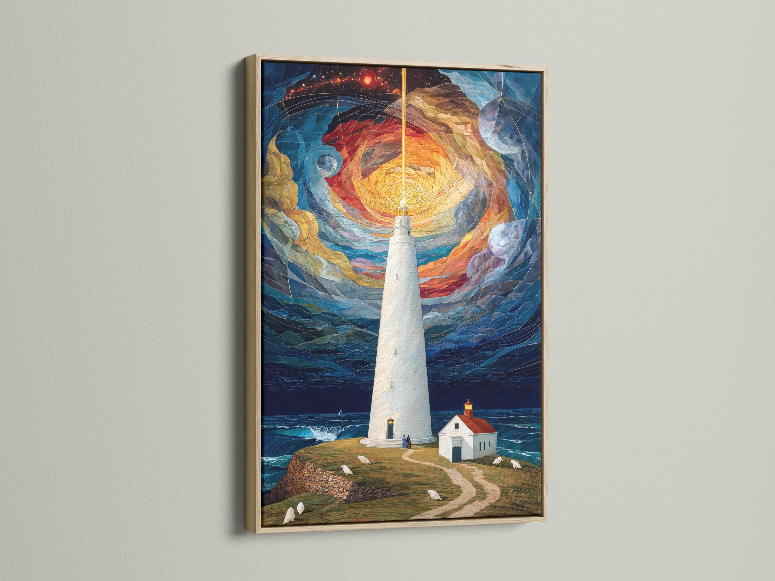 Lighthouse on a coastal shore under a swirling starry sky with glowing warm light detail view