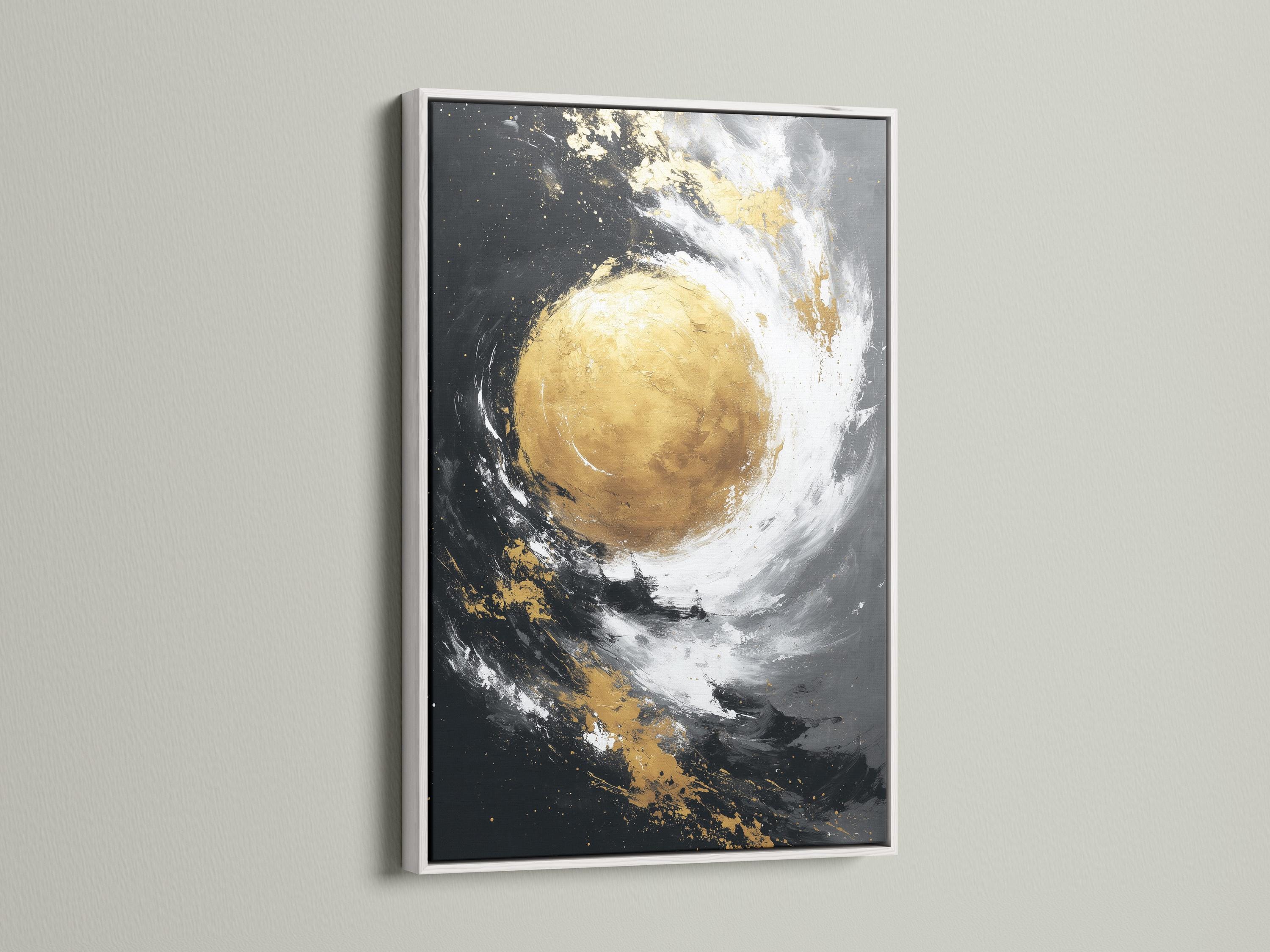 Abstract gold circle with white swirling arcs on a dark charcoal background detail view