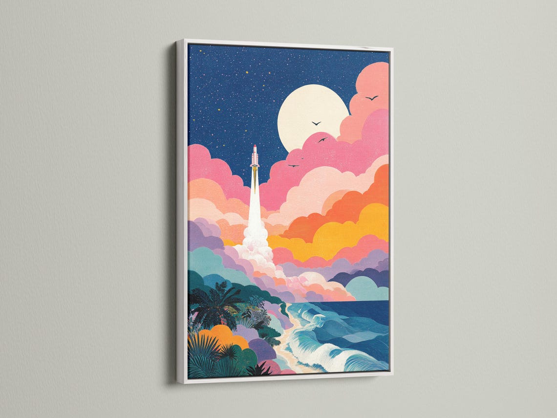 Retro rocket launching from a beach under a starry night sky with pink clouds and birds detail view