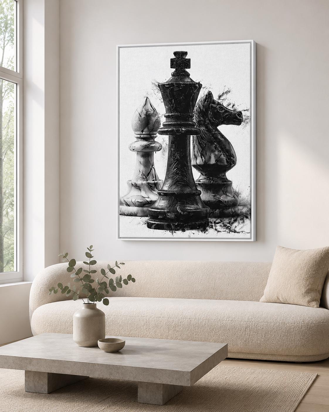 Monochrome chess artwork featuring a black king-like figure with distressed ink-splatter texture detail view