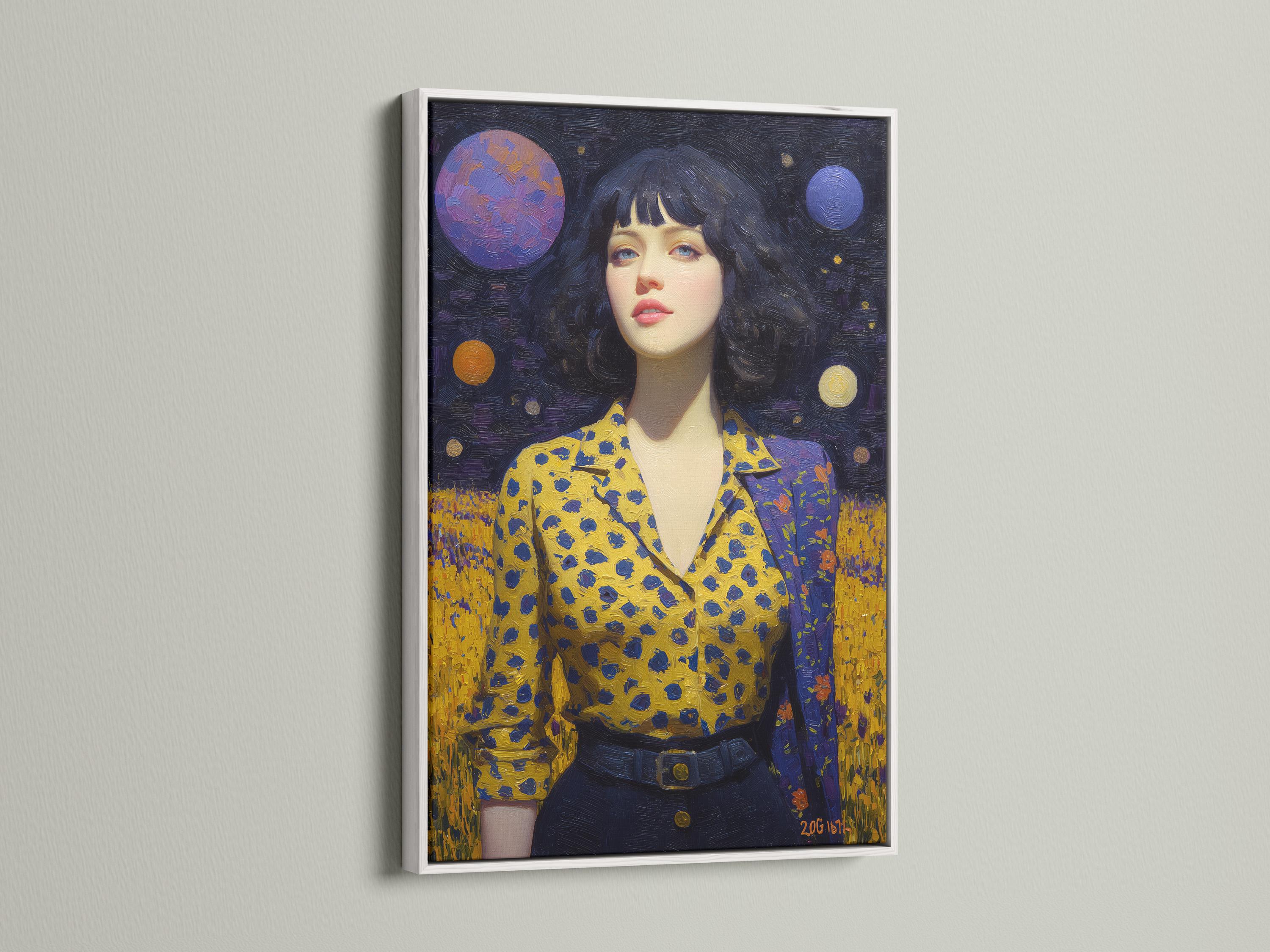 Stylised woman portrait in a dark starry galaxy with planets and a mustard-yellow patterned dress detail view