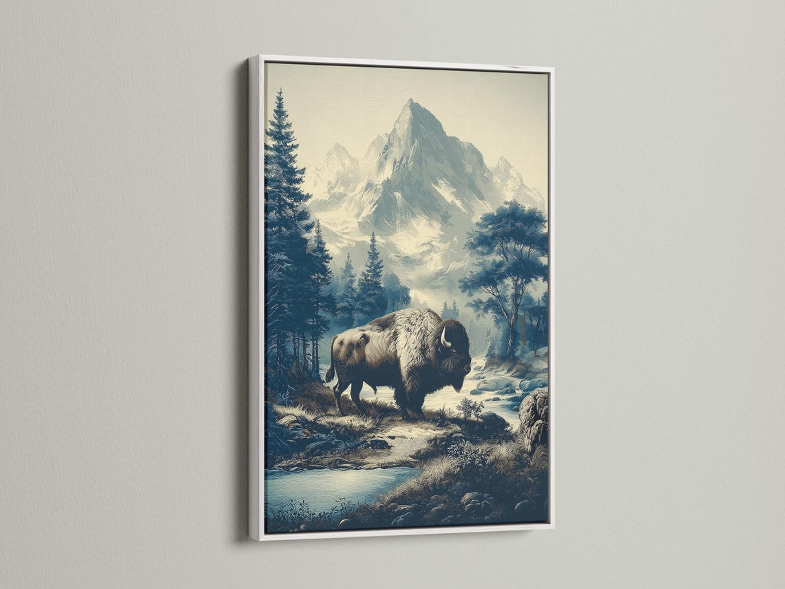 Bison standing in a forest and mountain landscape with pine trees and misty peaks detail view