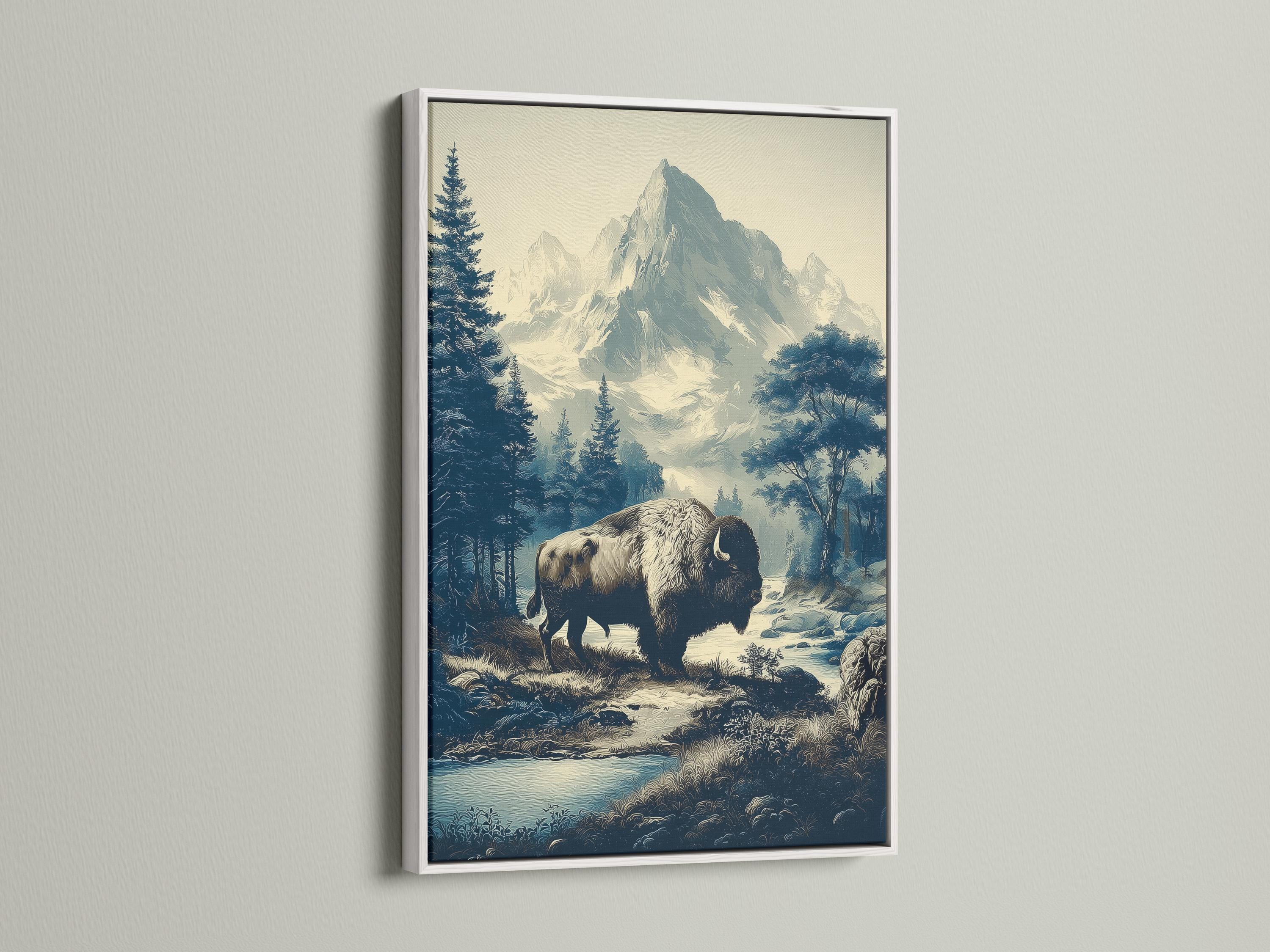 Bison standing in a forest and mountain landscape with pine trees and misty peaks detail view