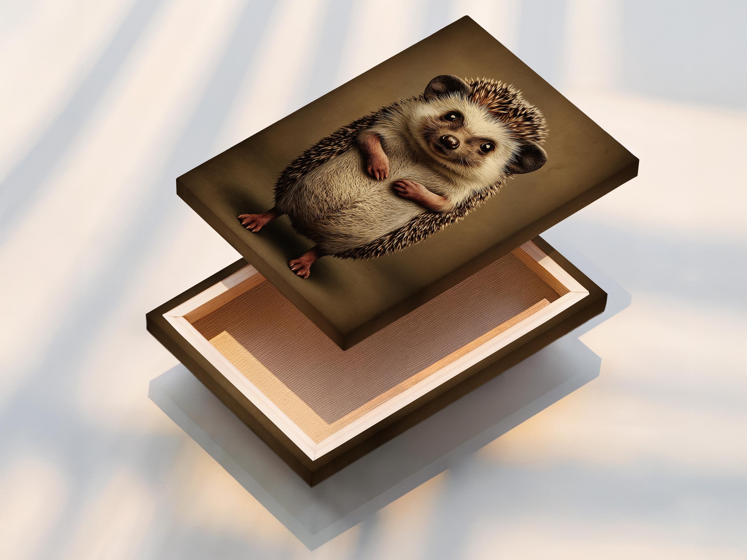 A beady-eyed hedgehog illustration sits centred on a warm brown background, with cream and darker brown fur texture and subtle red-brown paw accents