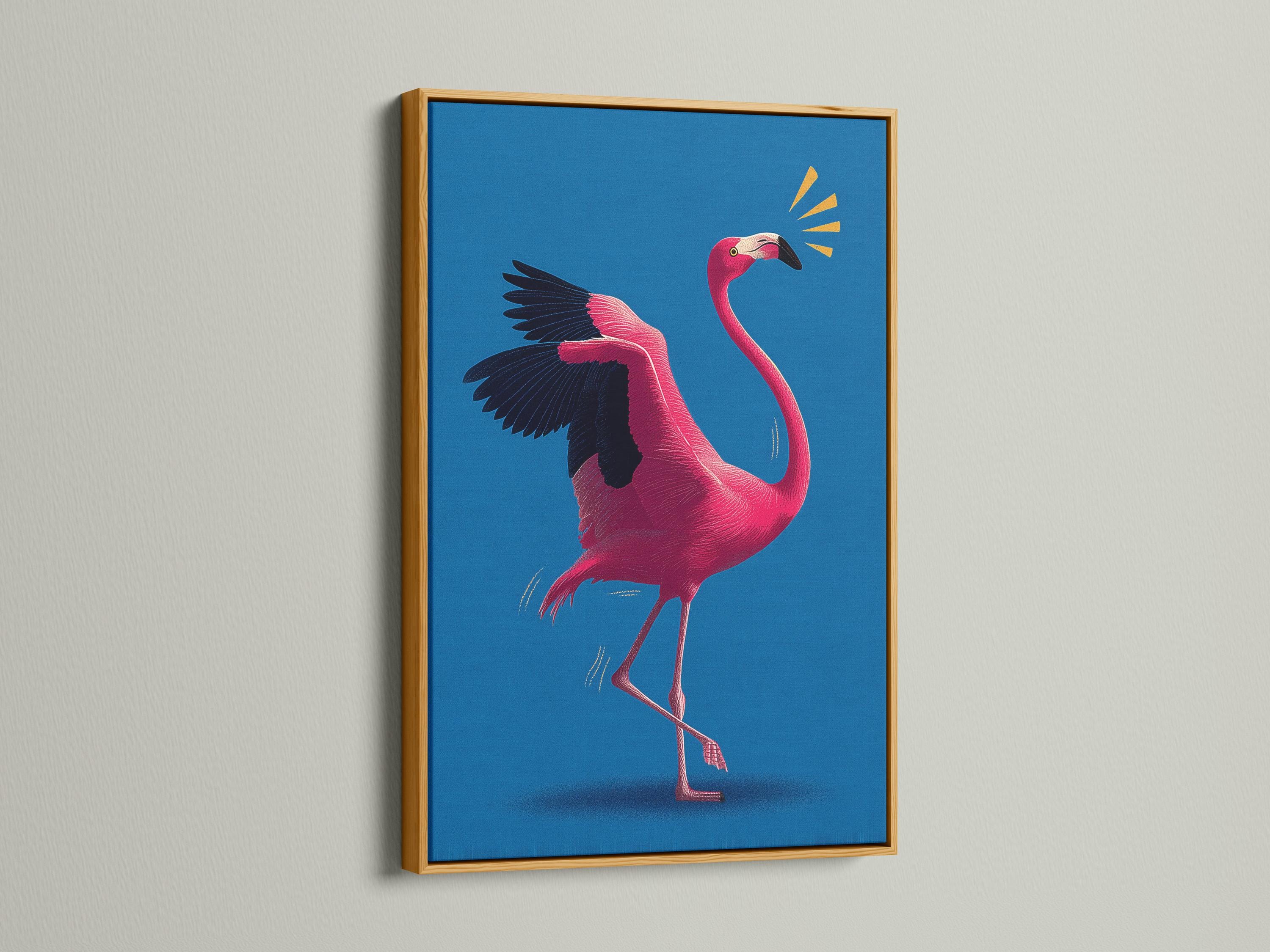 Stylised hot pink flamingo in profile on a vivid blue background with gold spark accents detail view