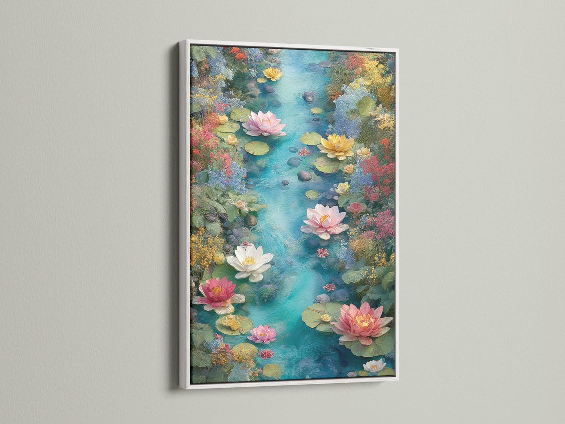 Lotus pond floral wall artwork mockup with teal water and pink blooms