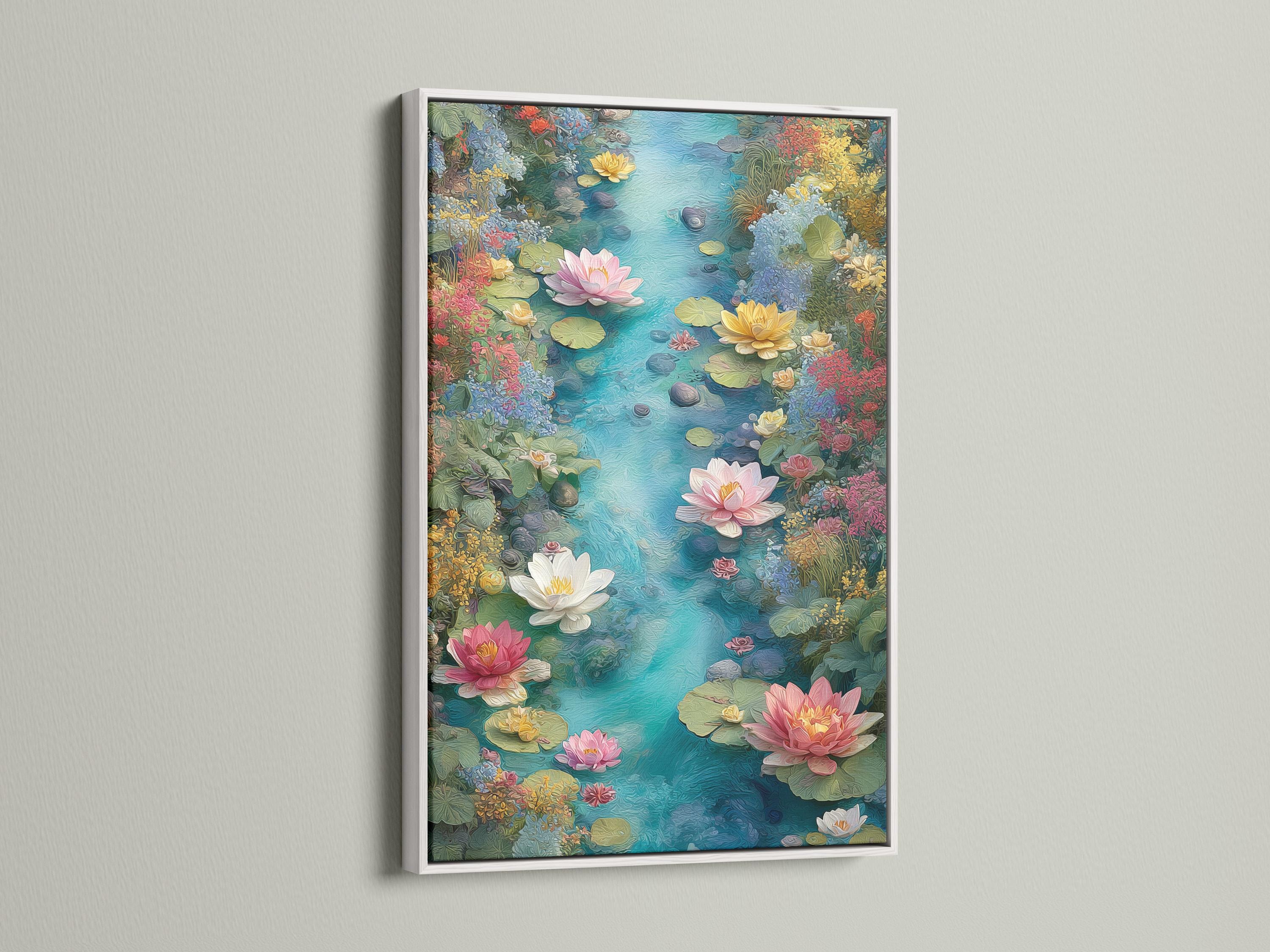 Lotus pond floral wall artwork mockup with teal water and pink blooms