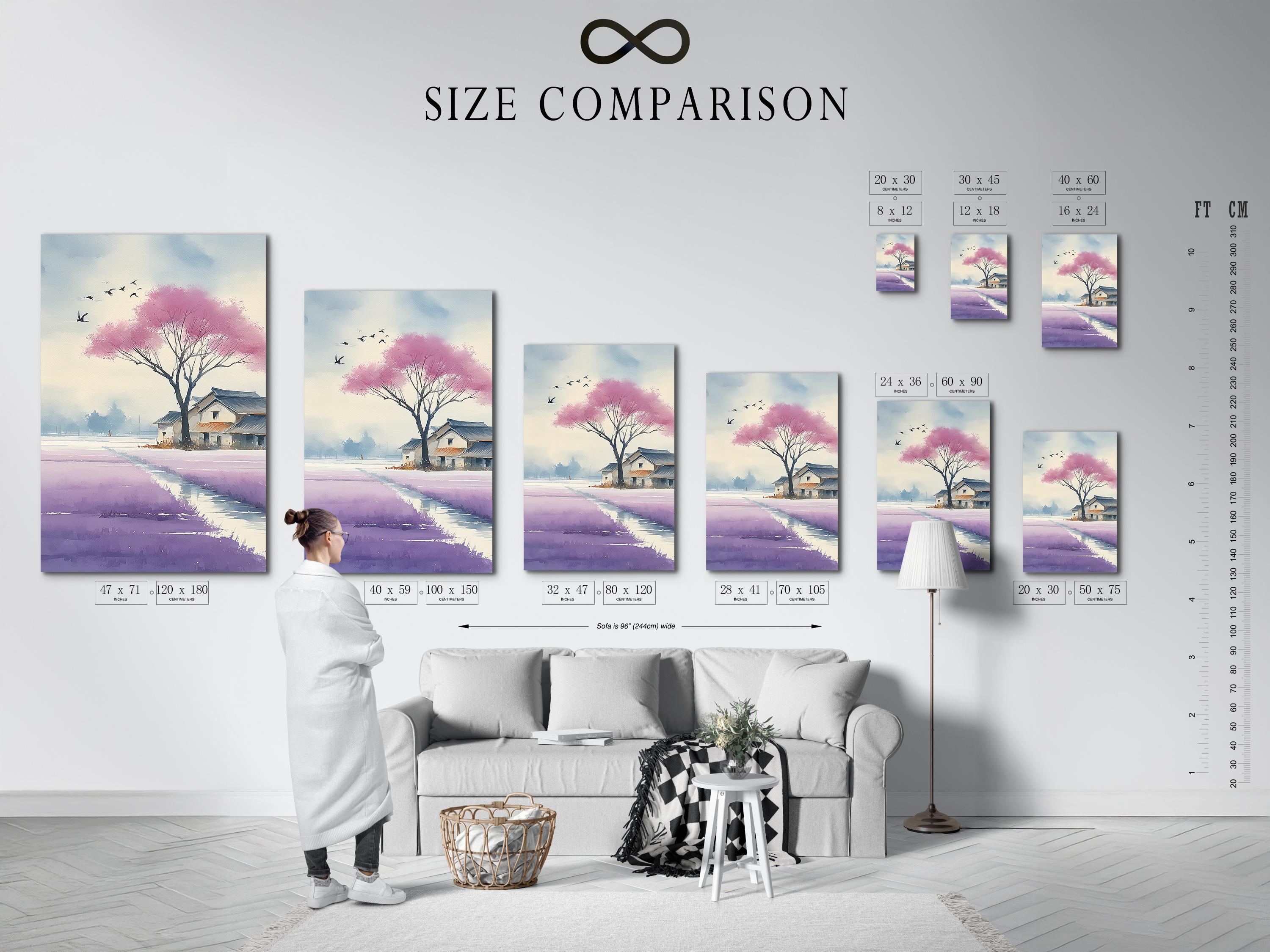 Blossoming pink cherry blossom tree landscape with birds and distant houses detail view