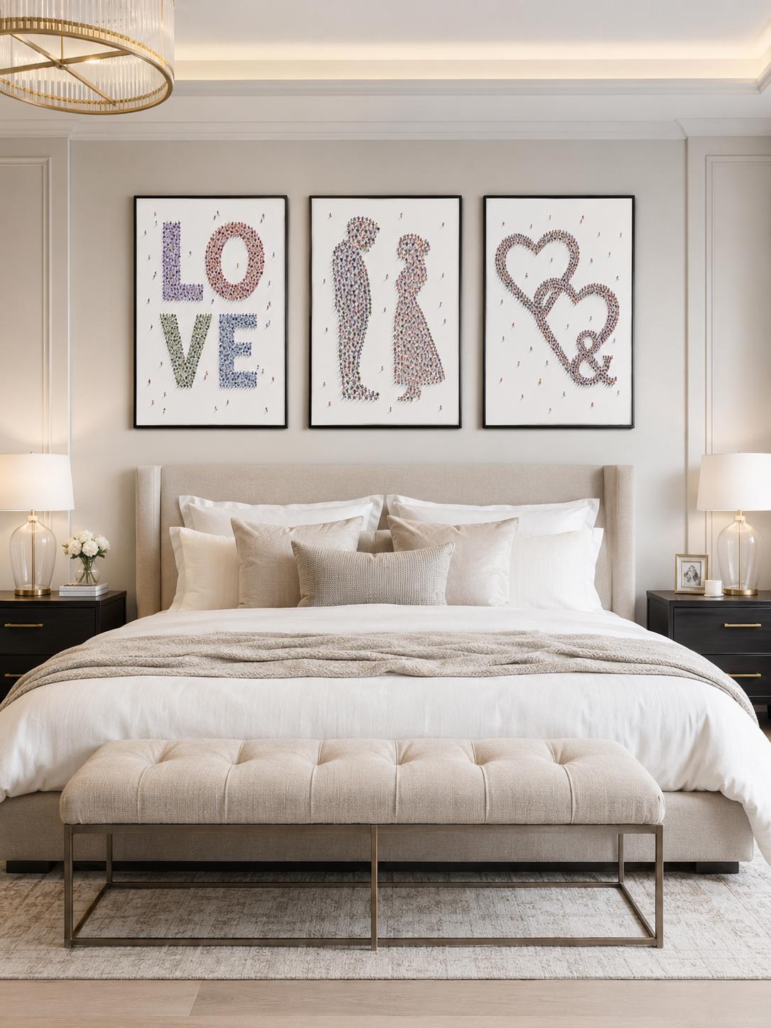 A love-themed typographic set shows “LOVE” with small heart details and two human couple silhouettes made from repeating tiny figures detail view