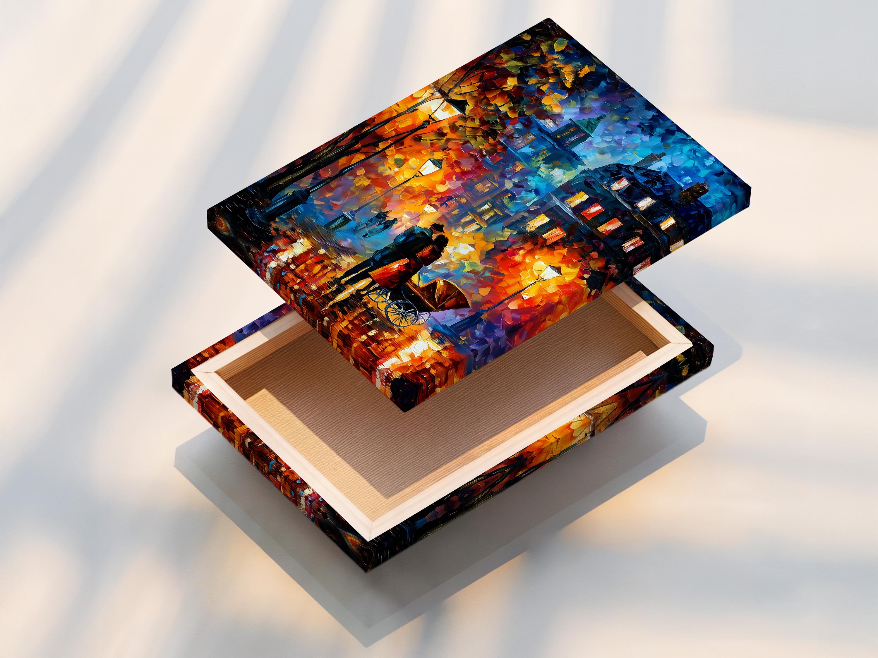 Room mockup showing a framed impressionist city street artwork on a wall