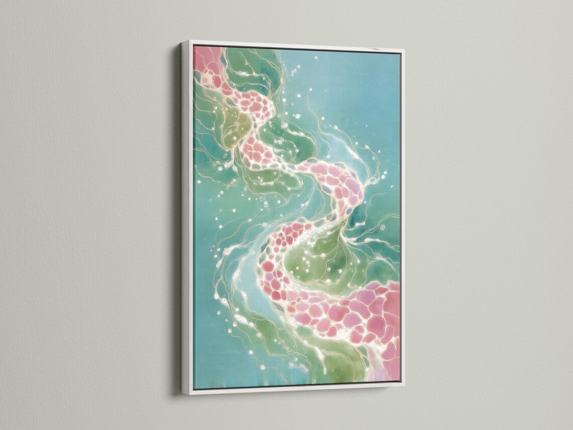 Teal abstract artwork with flowing white lines and blush pink clusters detail view
