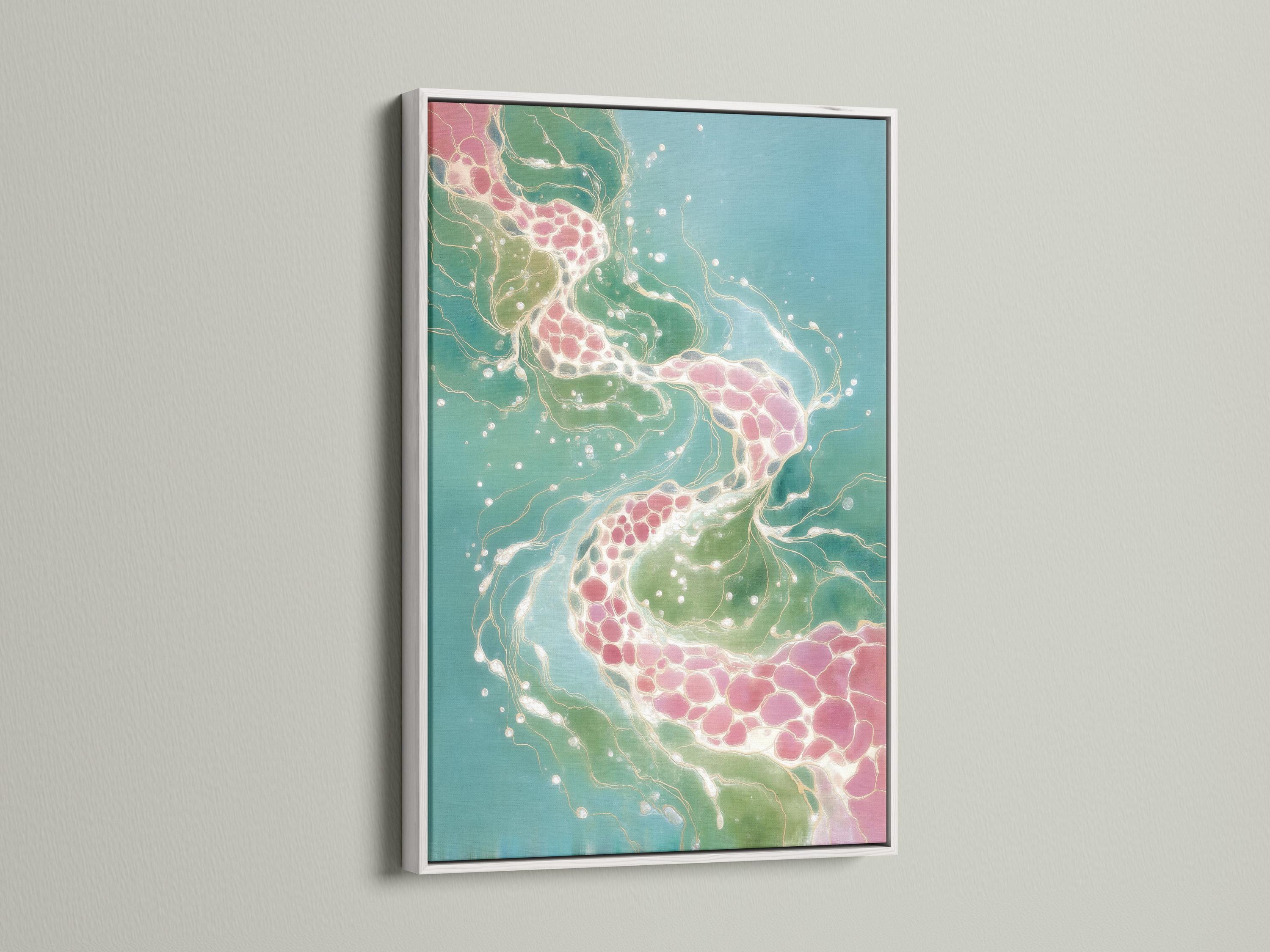 Teal abstract artwork with flowing white lines and blush pink clusters detail view