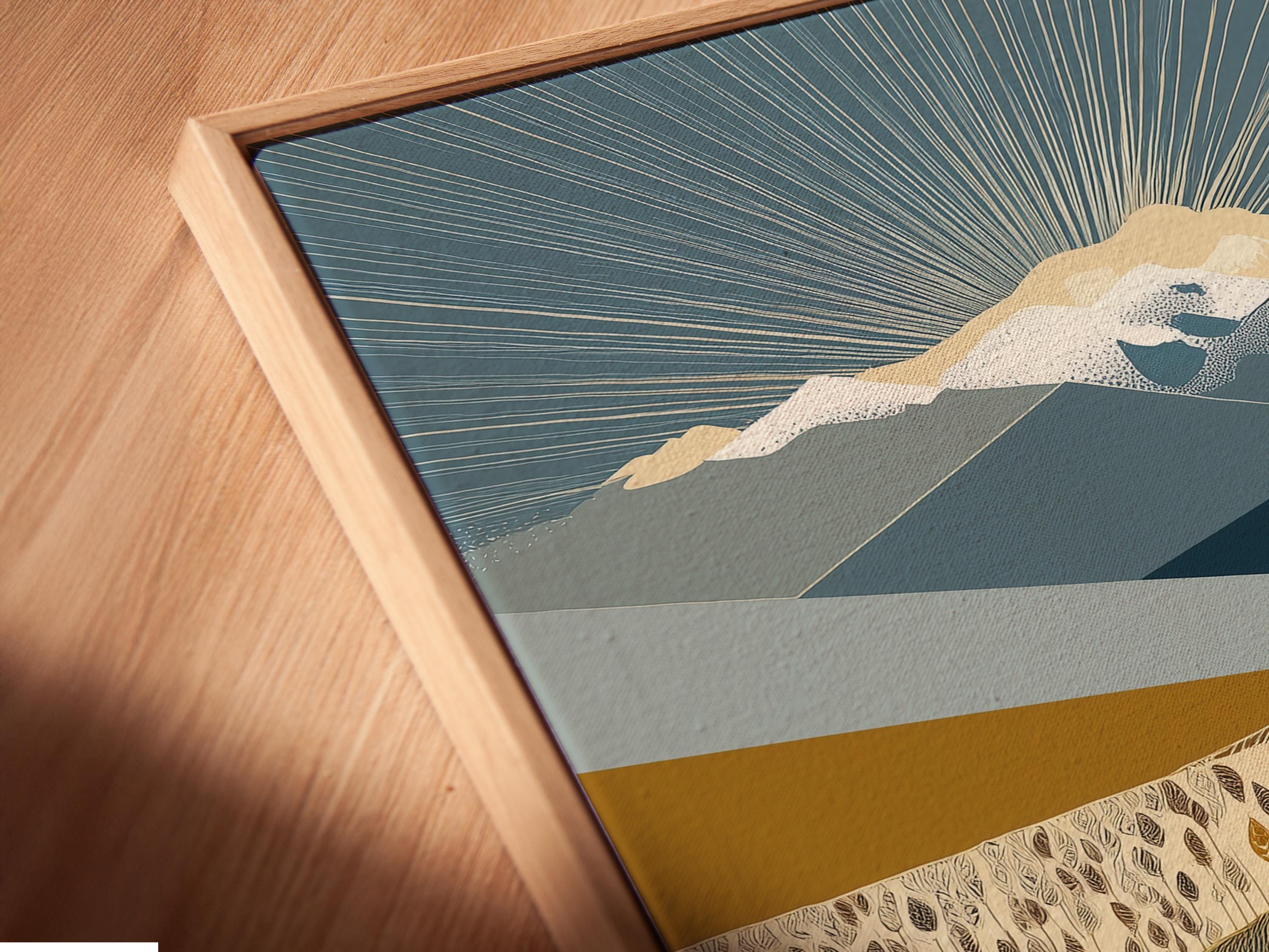 Stylised yak in ochre and navy blue mountain landscape with radiating line rays and wheat-like plants detail view
