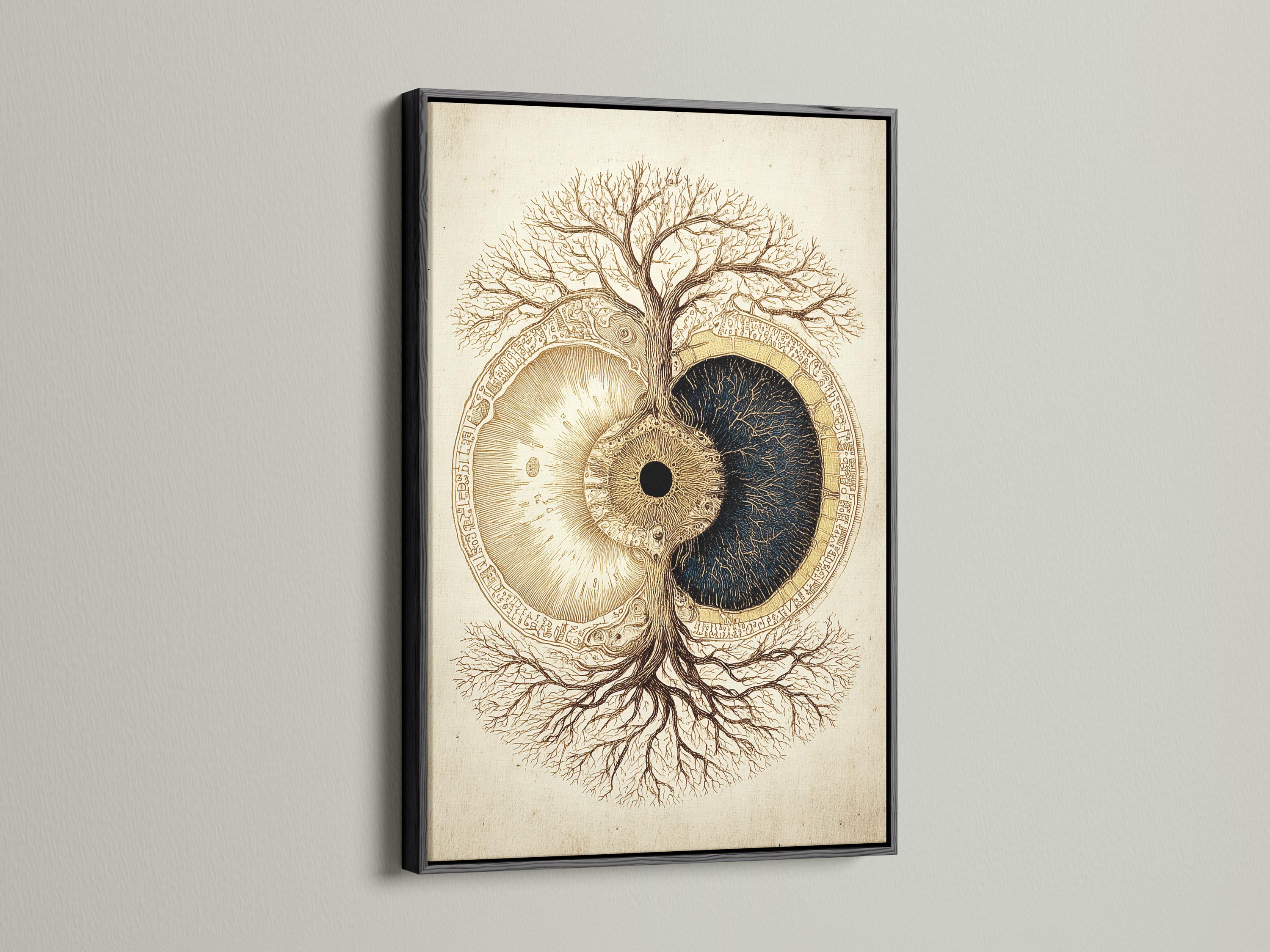 Tree of life symbol with gold and dark navy split circle on a beige background detail view