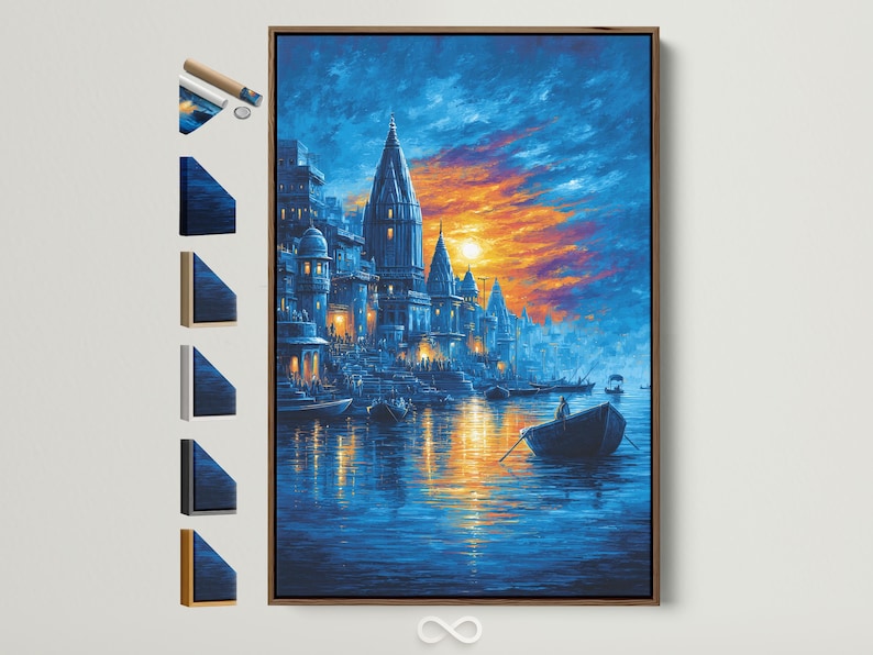Blue sunset cityscape with temple-like towers above a river, boats, and golden reflections