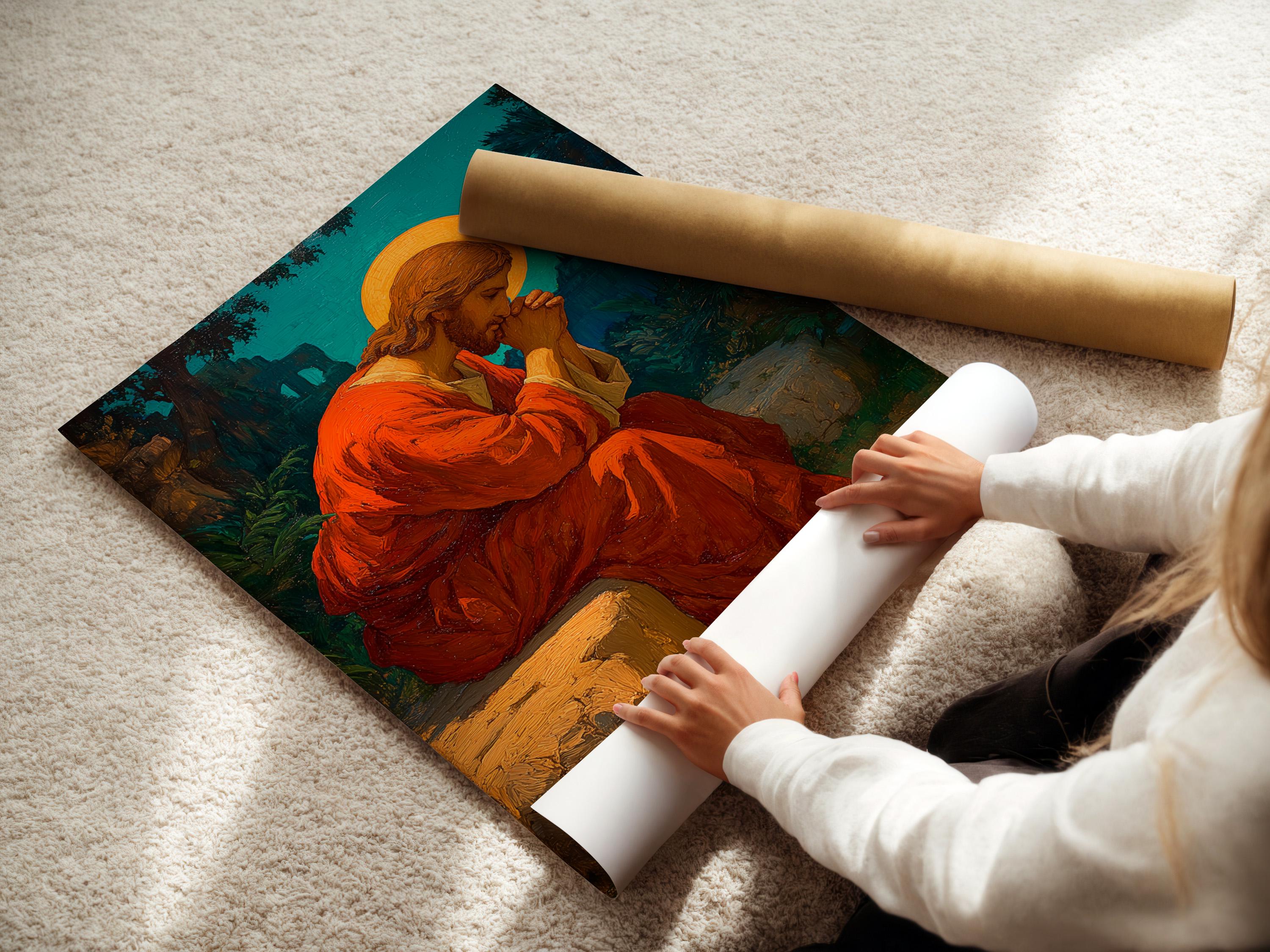 Praying figure with an orange halo, robed in red, against a teal landscape background detail view
