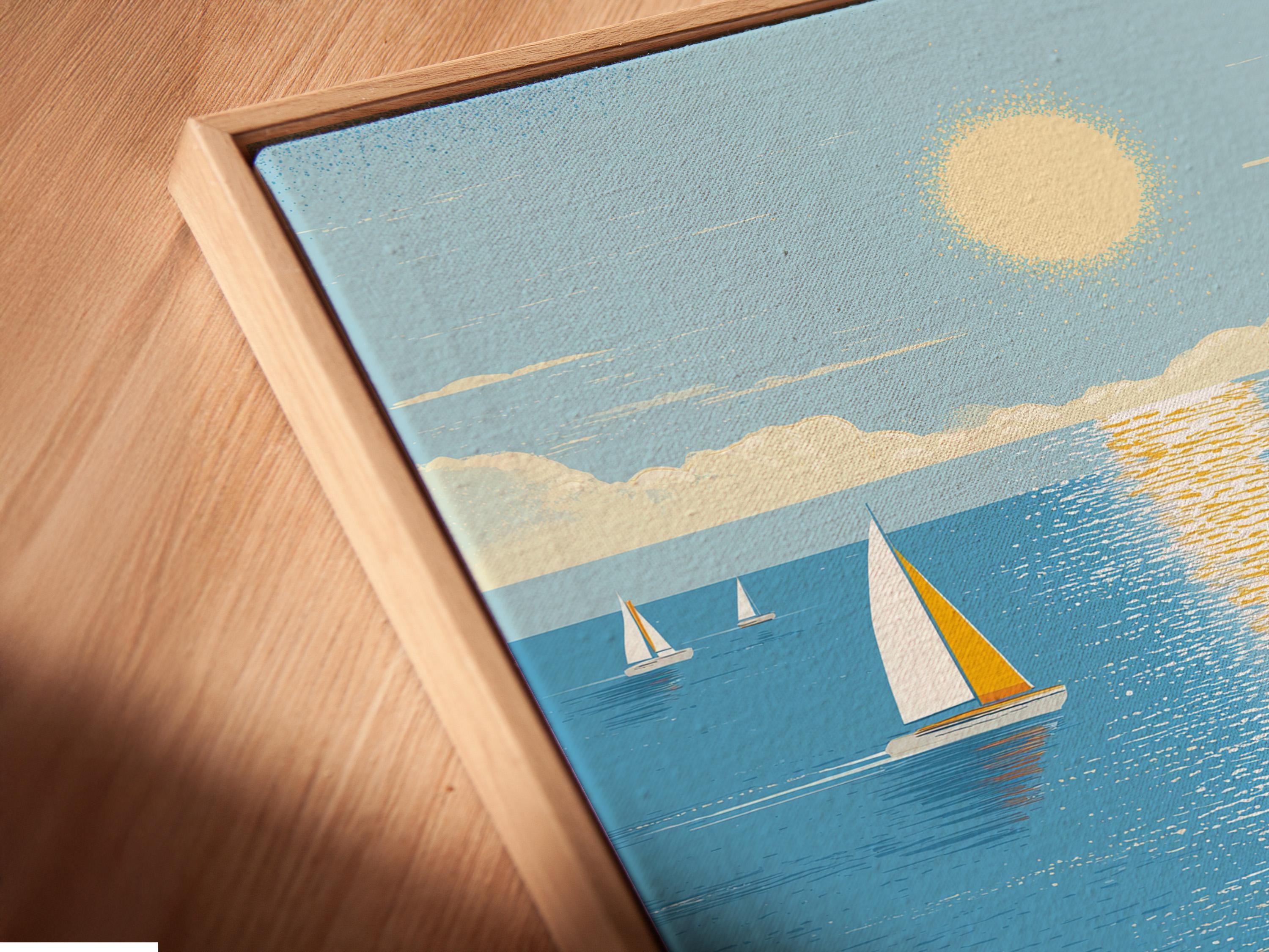 Illustrated beach and ocean scene with sailboats, a glowing sun, and an orange umbrella on sandy shore detail view