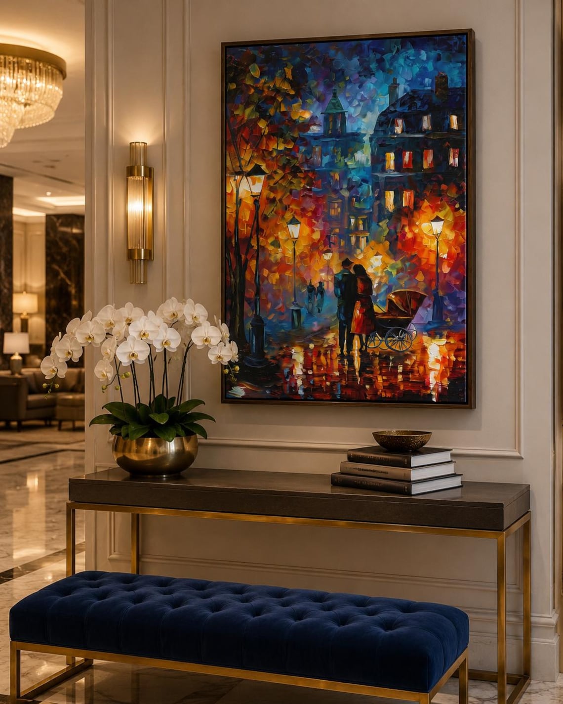 Room mockup showing a framed impressionist city street artwork on a wall