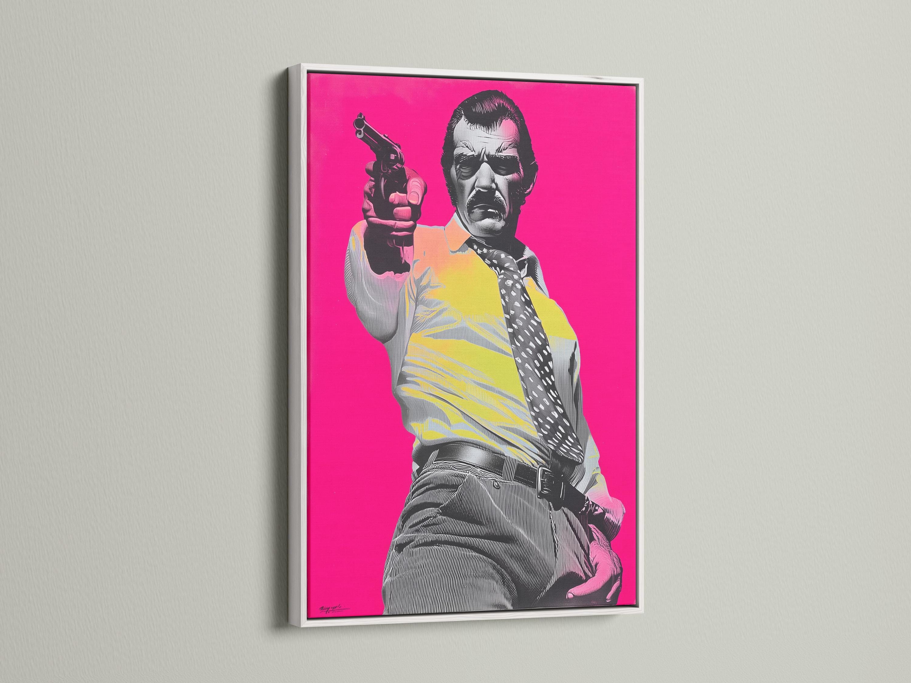 Hot-pink pop-art portrait of a man holding a handgun in black-and-white halftone style detail view