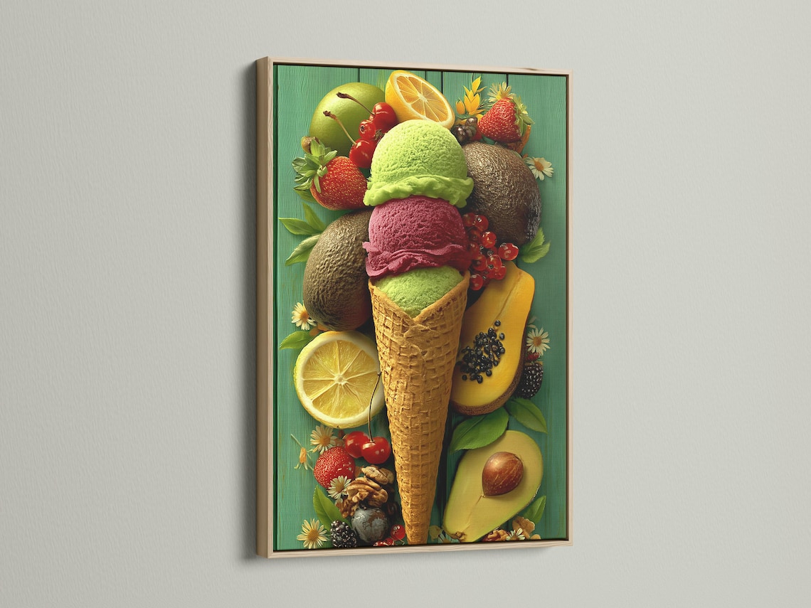 A vivid illustration shows an ice-cream cone filled with green, pink and brown scoops, topped with surrounding fruit and small flowers on a teal