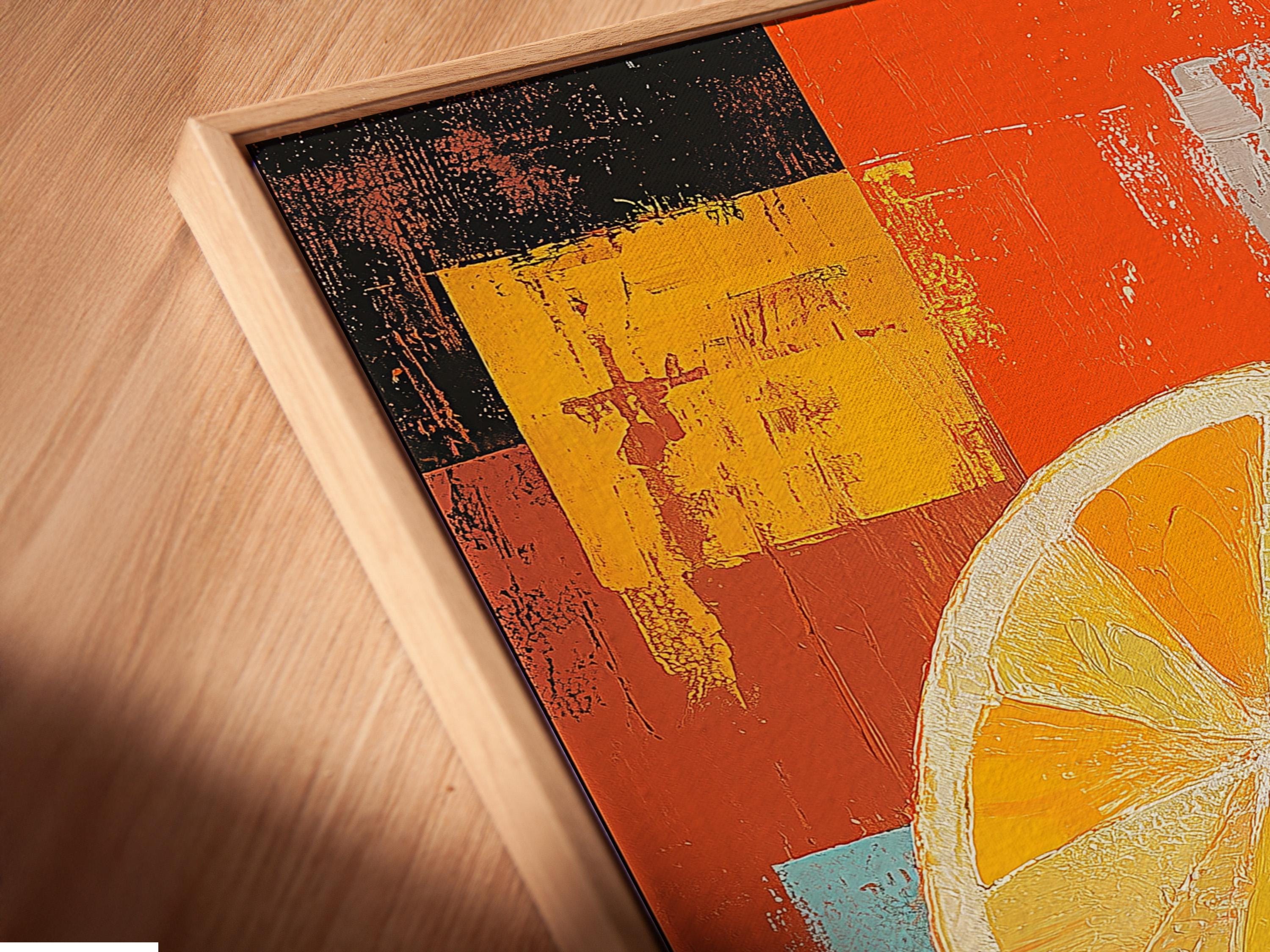 A bold orange-yellow citrus slice motif sits over layered patchwork blocks in orange, teal, yellow and charcoal, with painterly, distressed textures