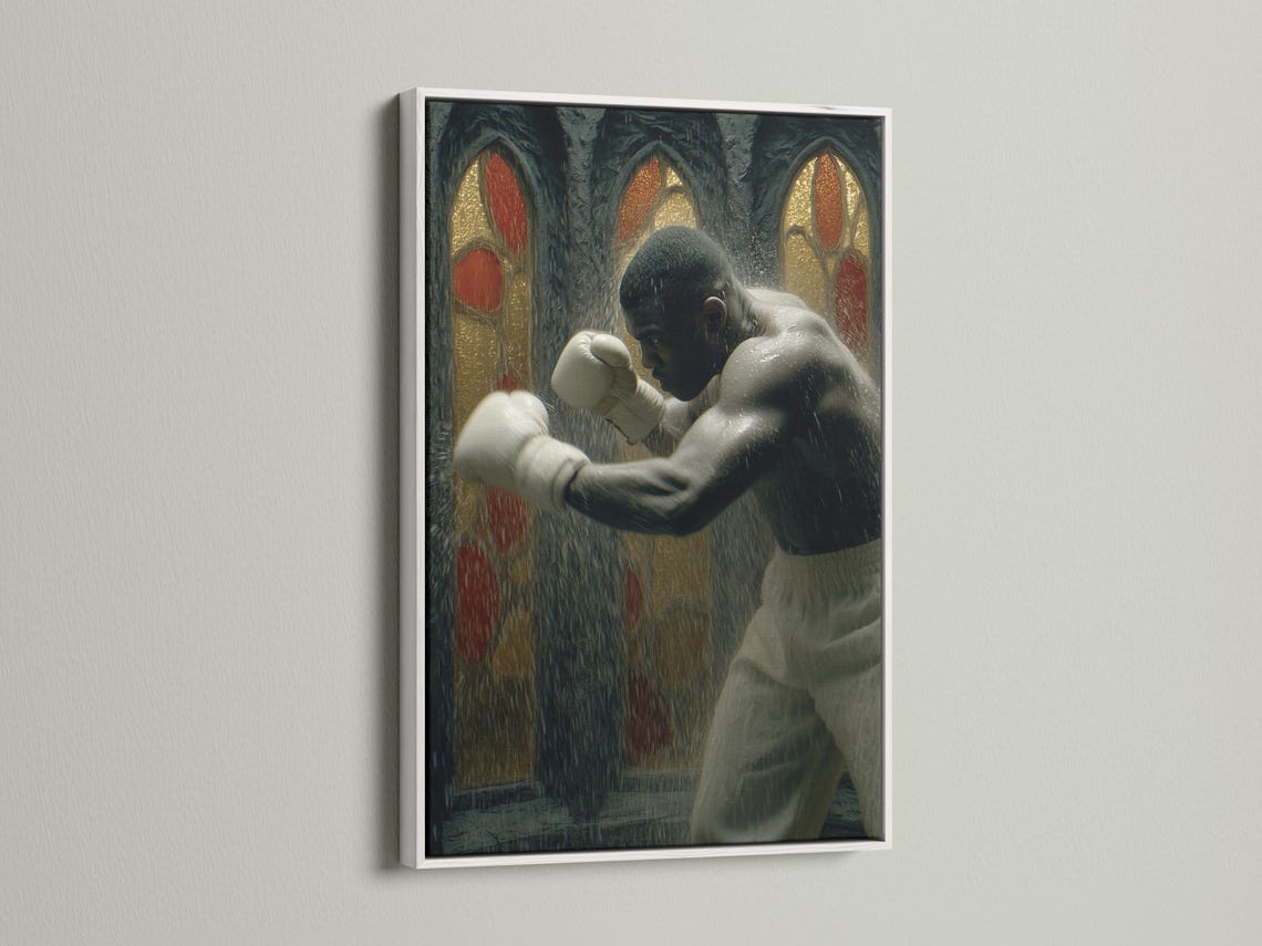 Boxer throwing a punch in a dark gothic scene with white gloves, gold highlights and red oval halos detail view