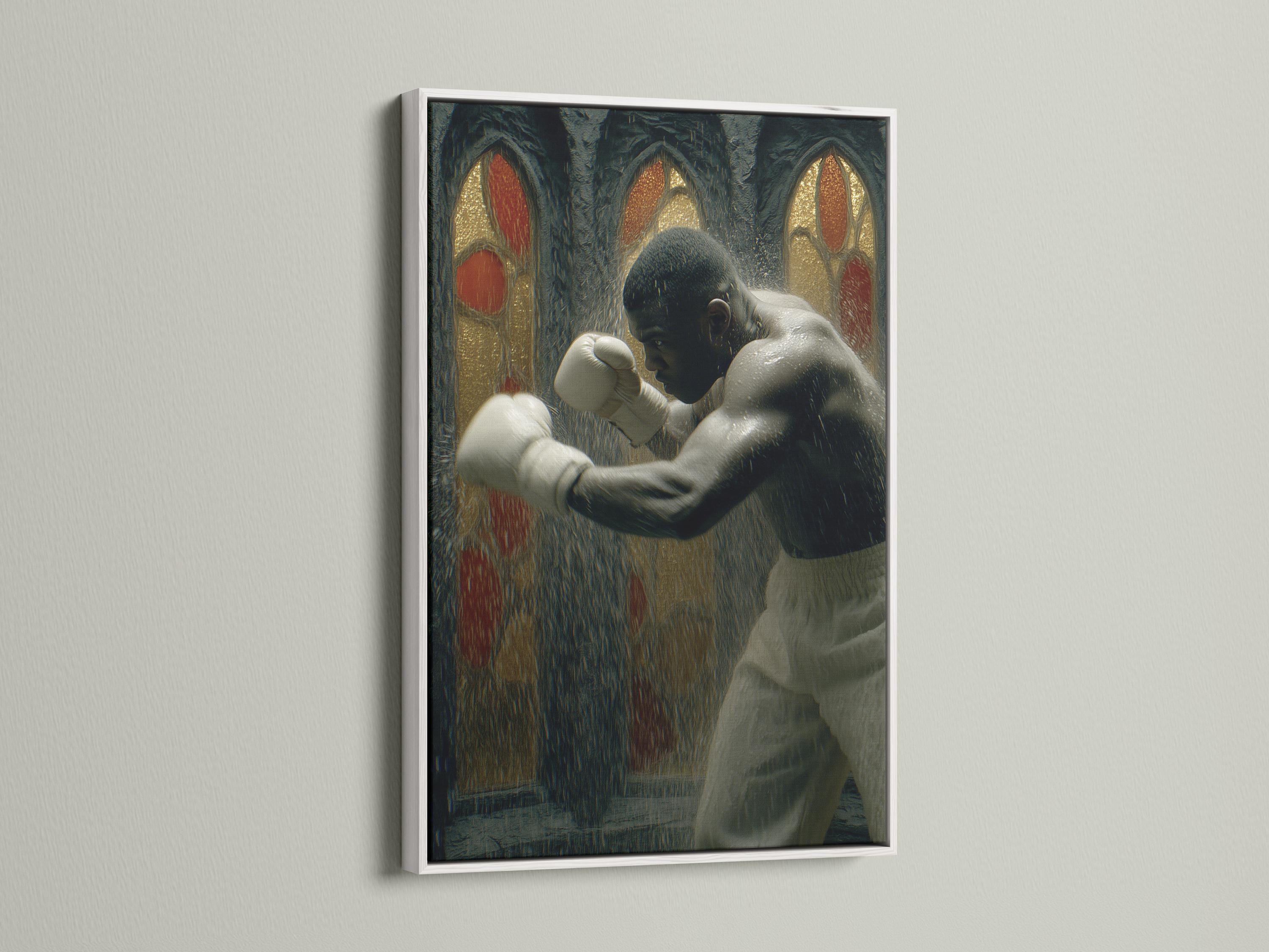 Boxer throwing a punch in a dark gothic scene with white gloves, gold highlights and red oval halos detail view