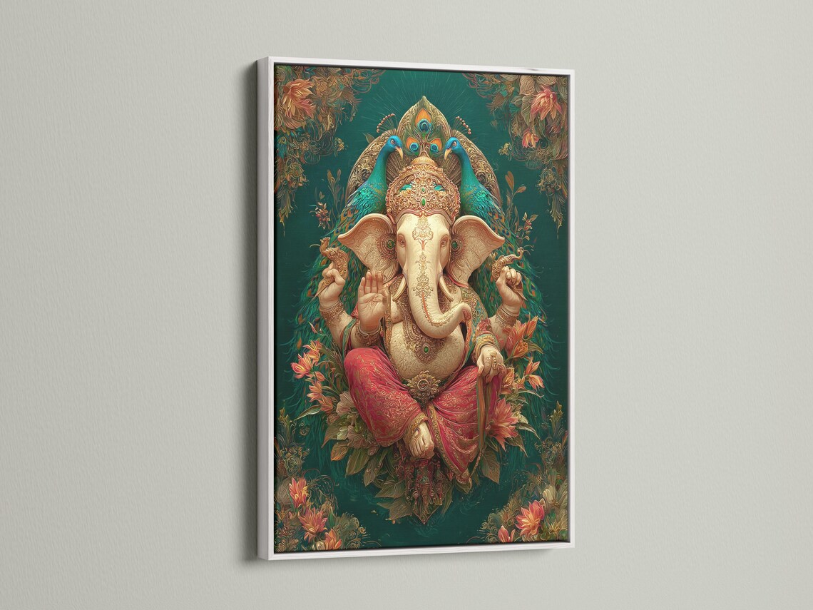 A richly coloured elephant-headed deity figure sits front-facing, surrounded by ornate floral vines on a deep green patterned background detail view
